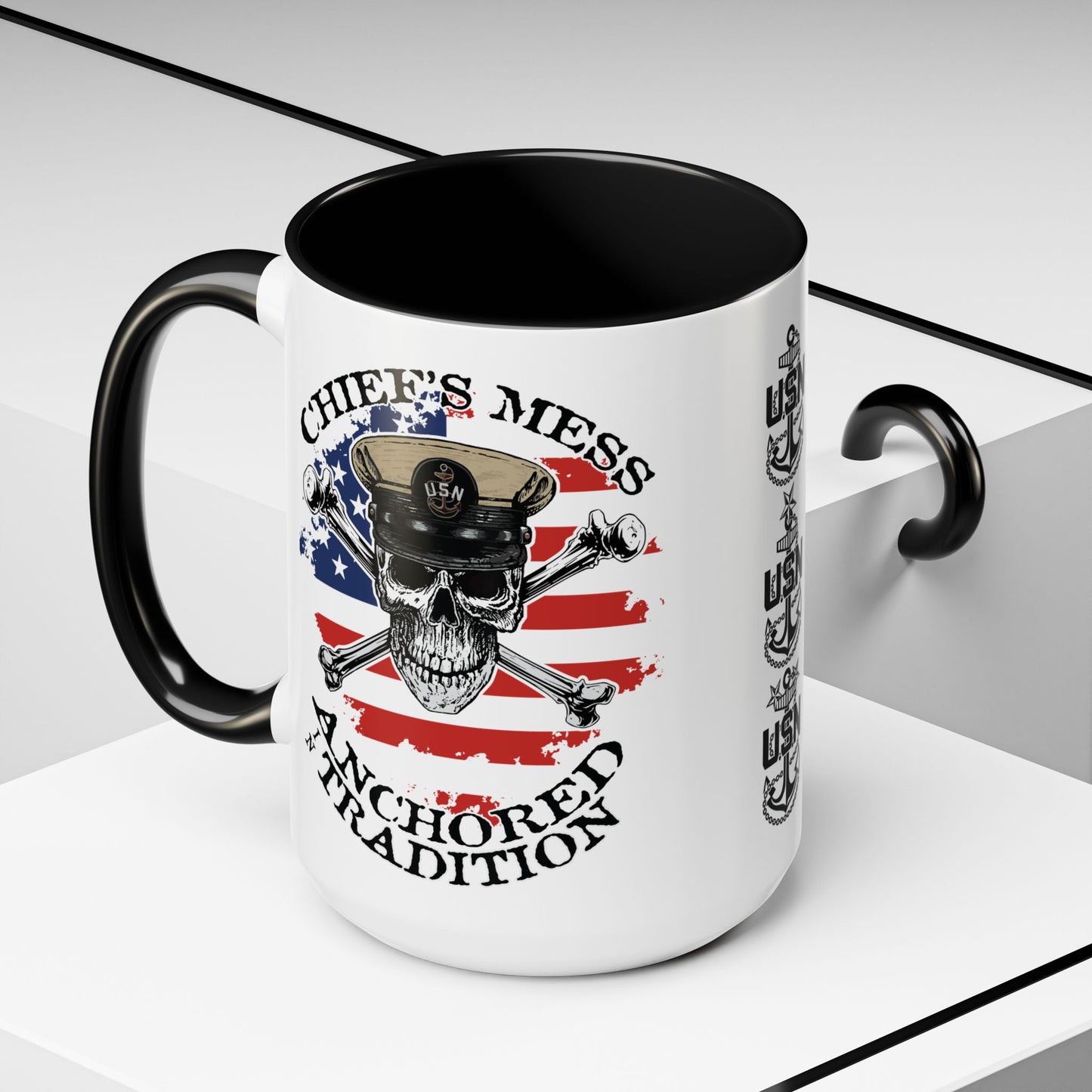 US Navy Chief's Mess Anchored Tradition CPO Sailor Skull with Distressed USA Flag Accent Coffee Mugs