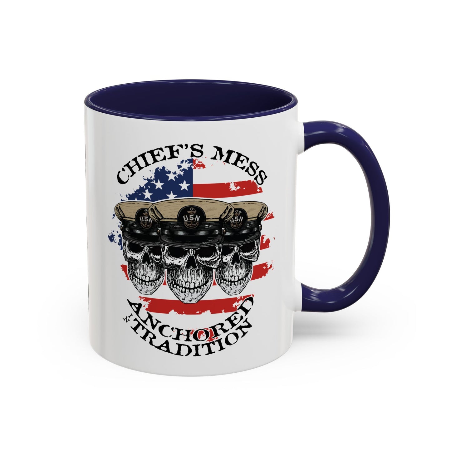 US Navy Chief's Mess Anchored Tradition CPO Sailor Skulls with Distressed USA Flag Accent Coffee Mugs
