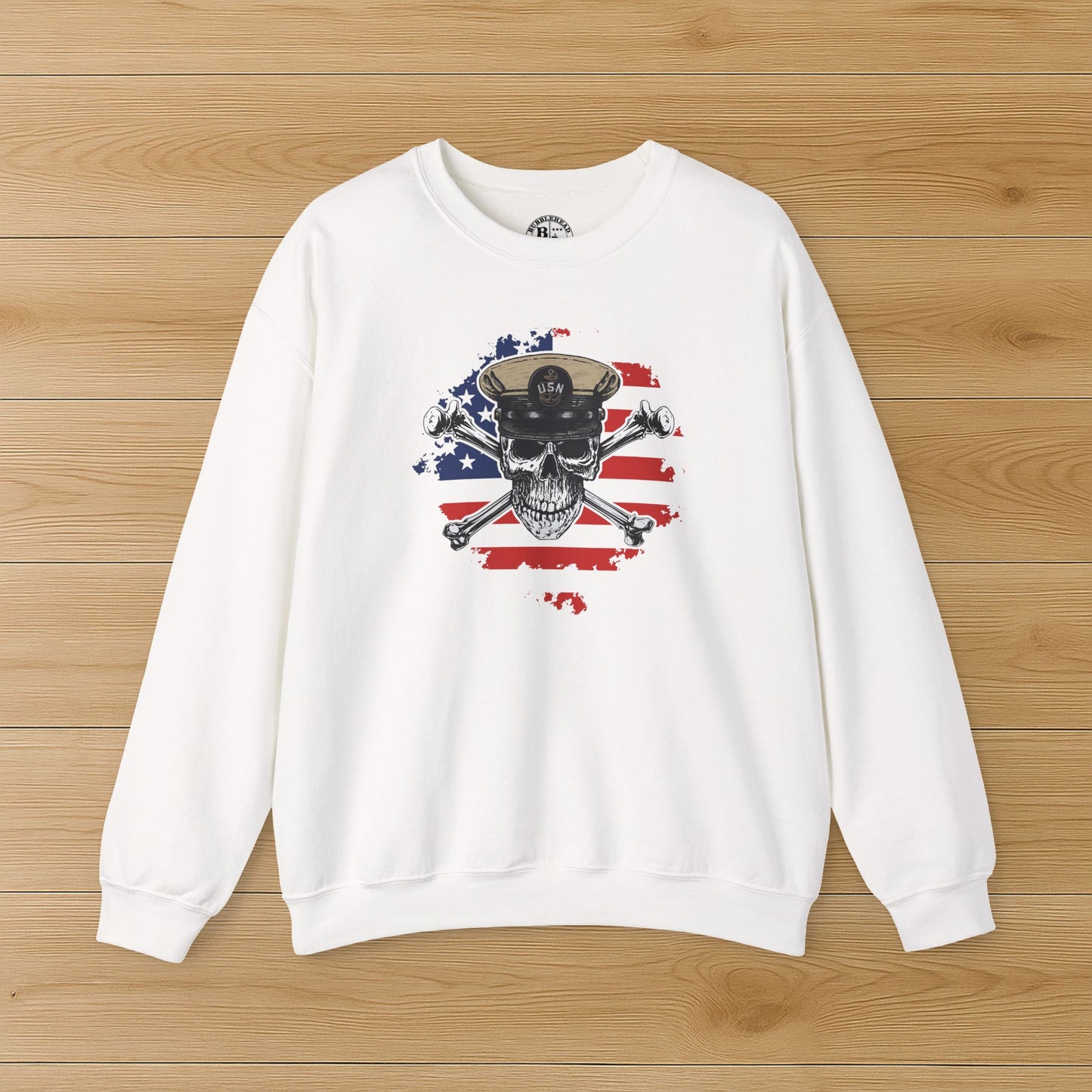 Naval Chief Skull & Crossbones CPO on Distressed American Flag Unisex Heavy Blend™ Crewneck Sweatshirt