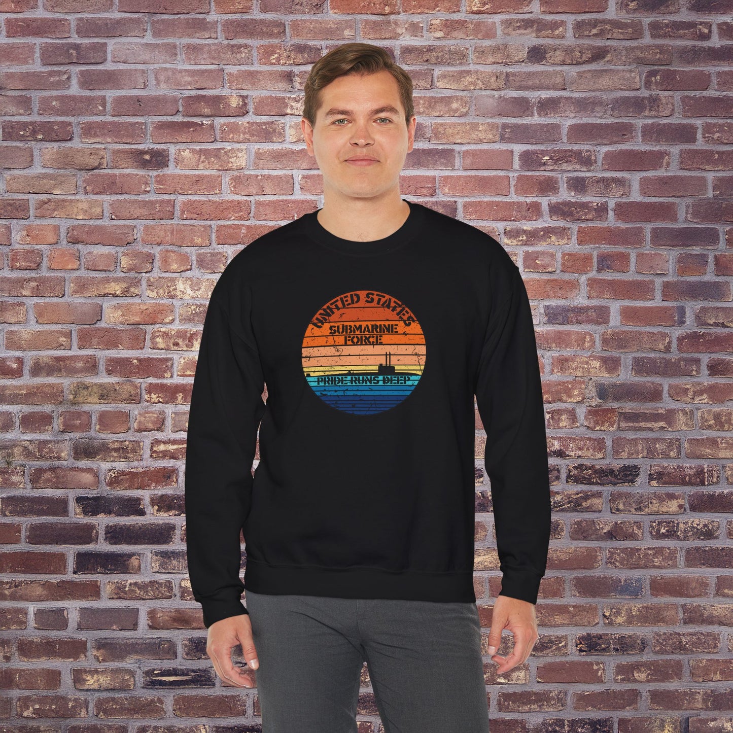 Sunset United States Navy Submarine Force Pride Runs Deep Distressed Vintage Unisex Heavy Blend™ Crewneck Sweatshirt
