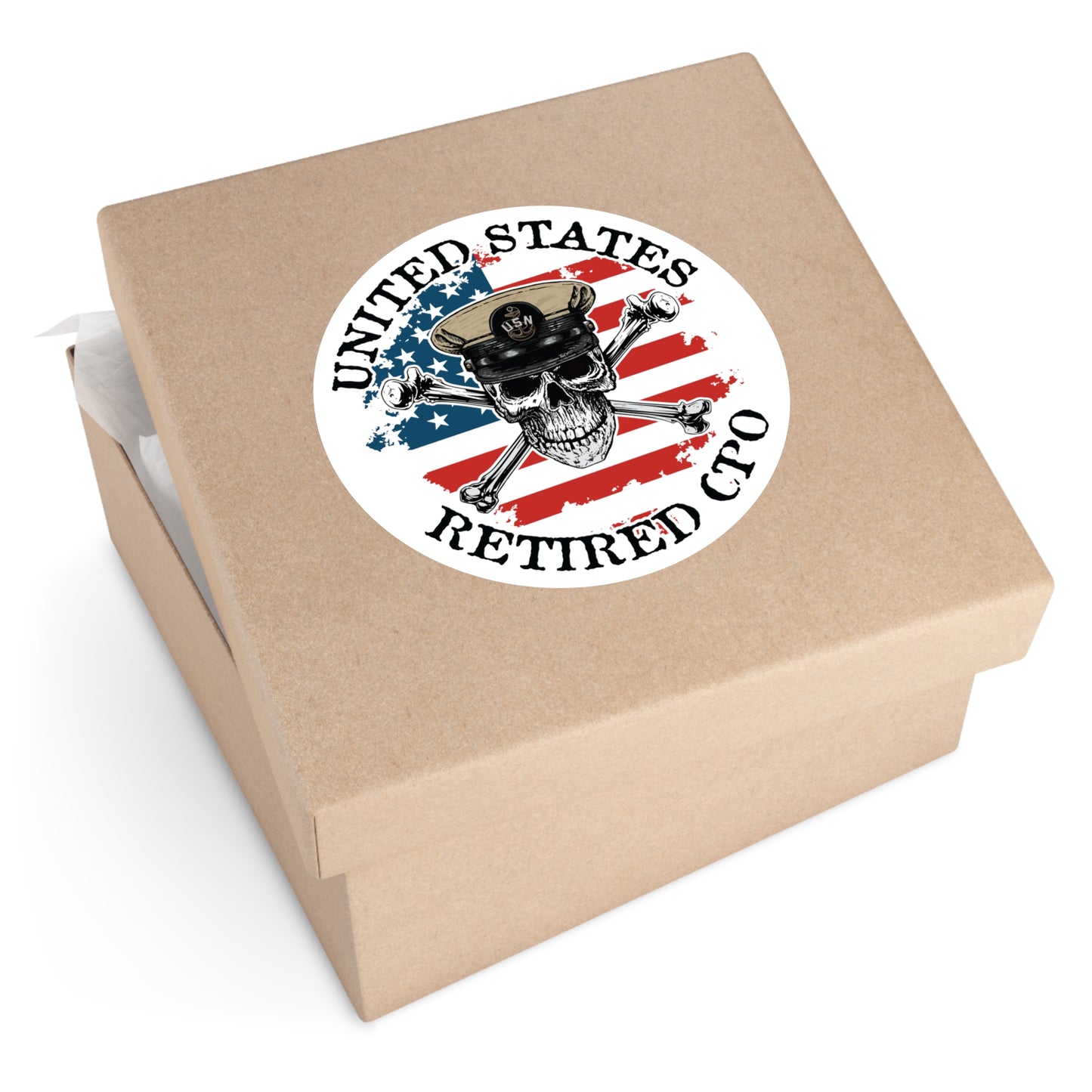 U.S. Retired CPO Skull Crossbones Chief Petty Officer with Distressed American Flag Round Sticker