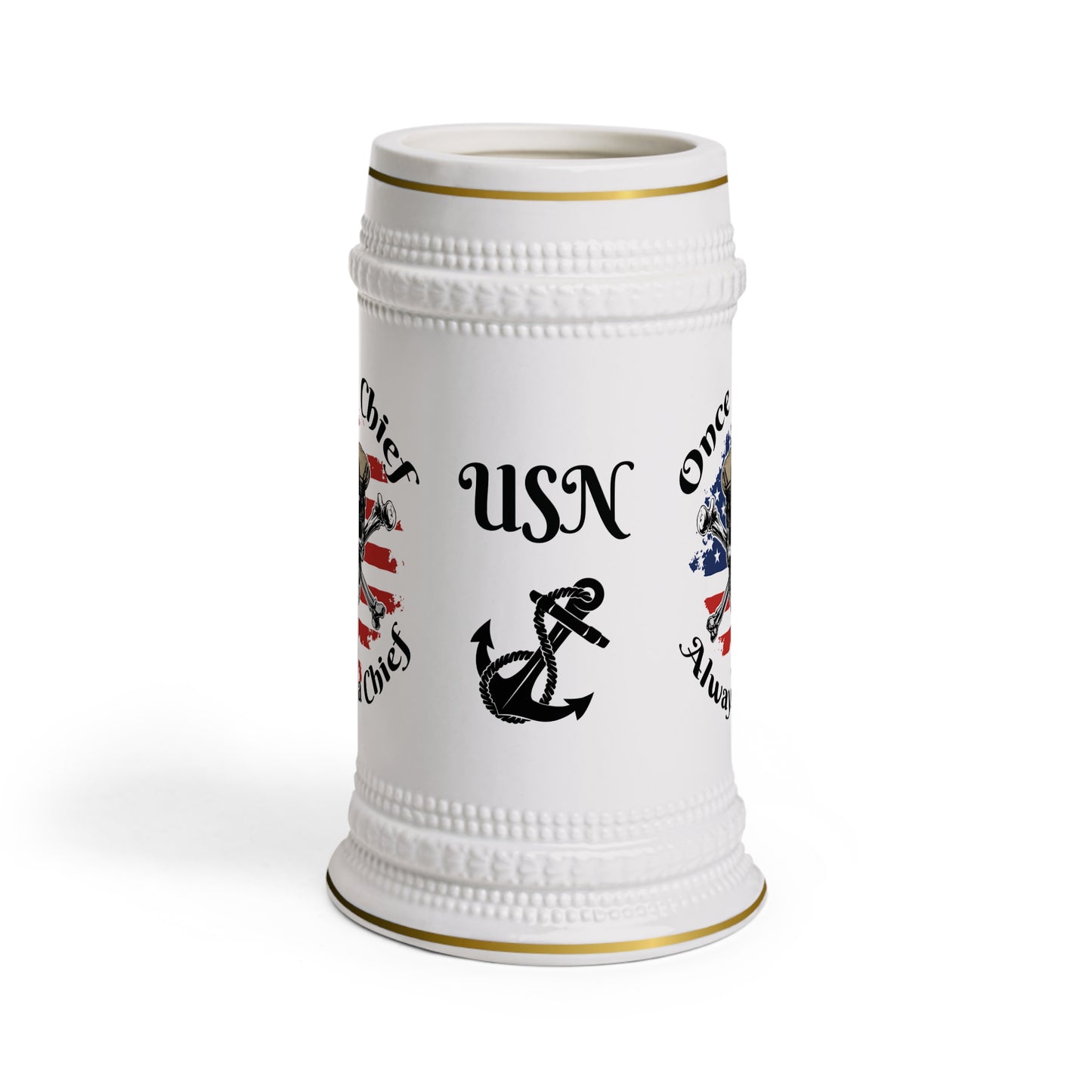 US Navy Once A Chief Always A Chief Skull & Crossbones on American Flag Stein Mug
