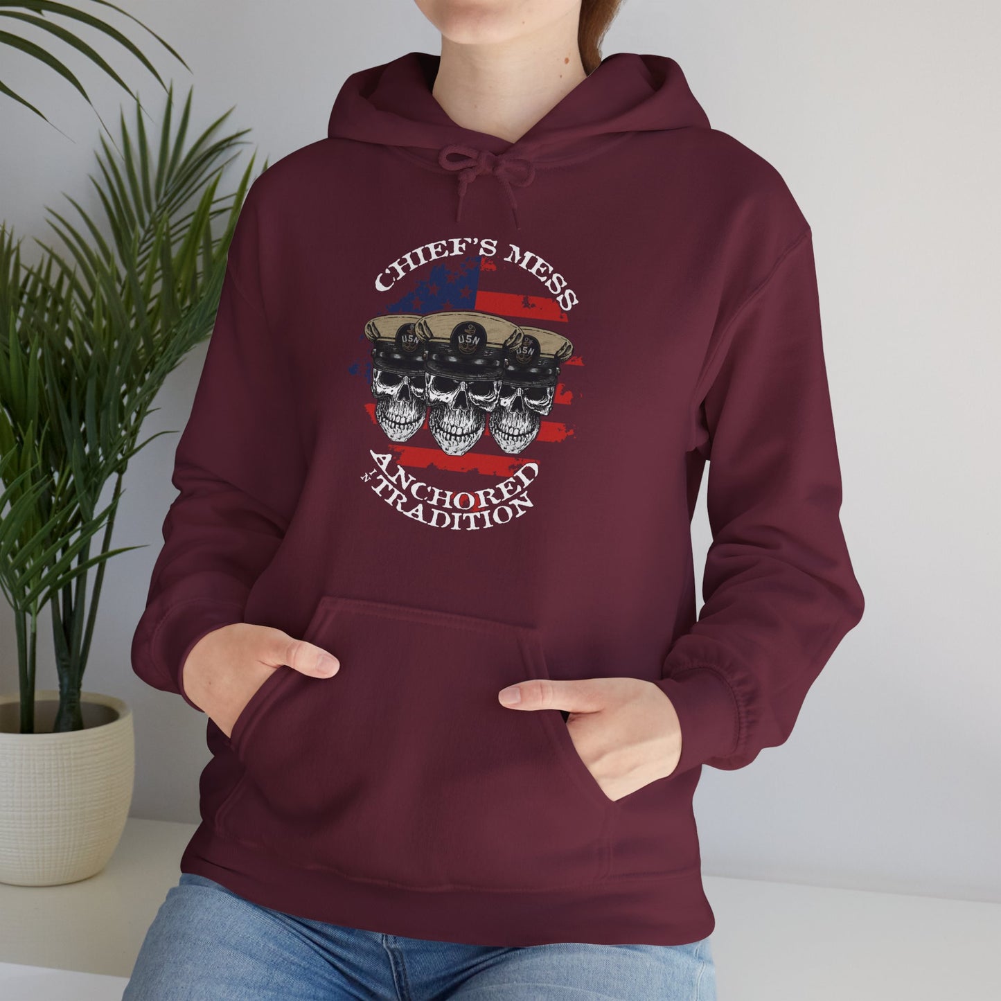 Chief's Mess Anchored Tradition CPO Sailor Skulls on Distressed USA Flag Unisex Heavy Blend™ Hooded Sweatshirt