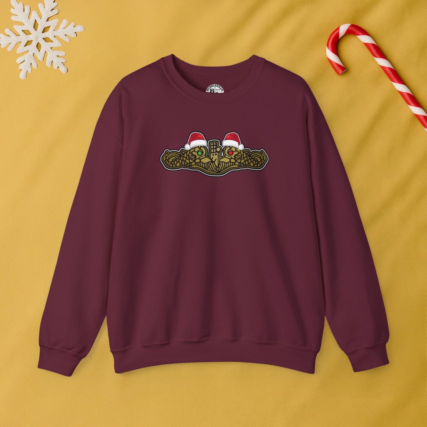 United States Submarine Force Gold Dolphins Christmas Santa Hats with Red and Green Eyes Unisex Heavy Blend™ Crewneck Sweatshirt