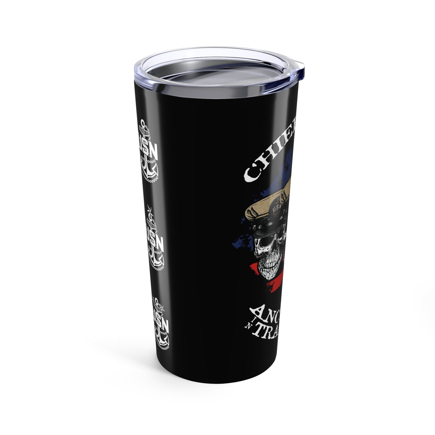 Navy CPO Sailor Skull Crossbones Chief's Mess Anchored Tradition with Distressed US Flag Stainless Steel Tumbler 20oz