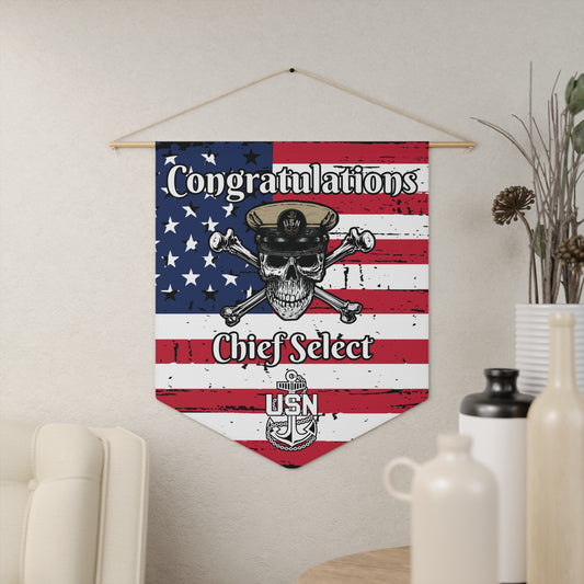 US Navy Chief Skull & Crossbones Congrats CPO Select USA Distressed Flag Pennant Wht Text