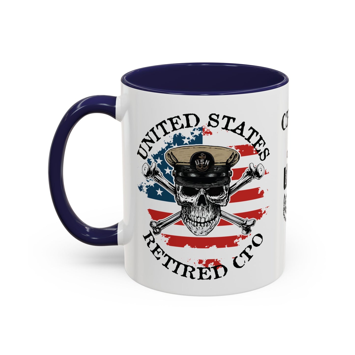United States Navy Retired CPO Skull Crossbones Chief Petty Officer Anchor with Distressed USA Flag Accent Coffee Mugs