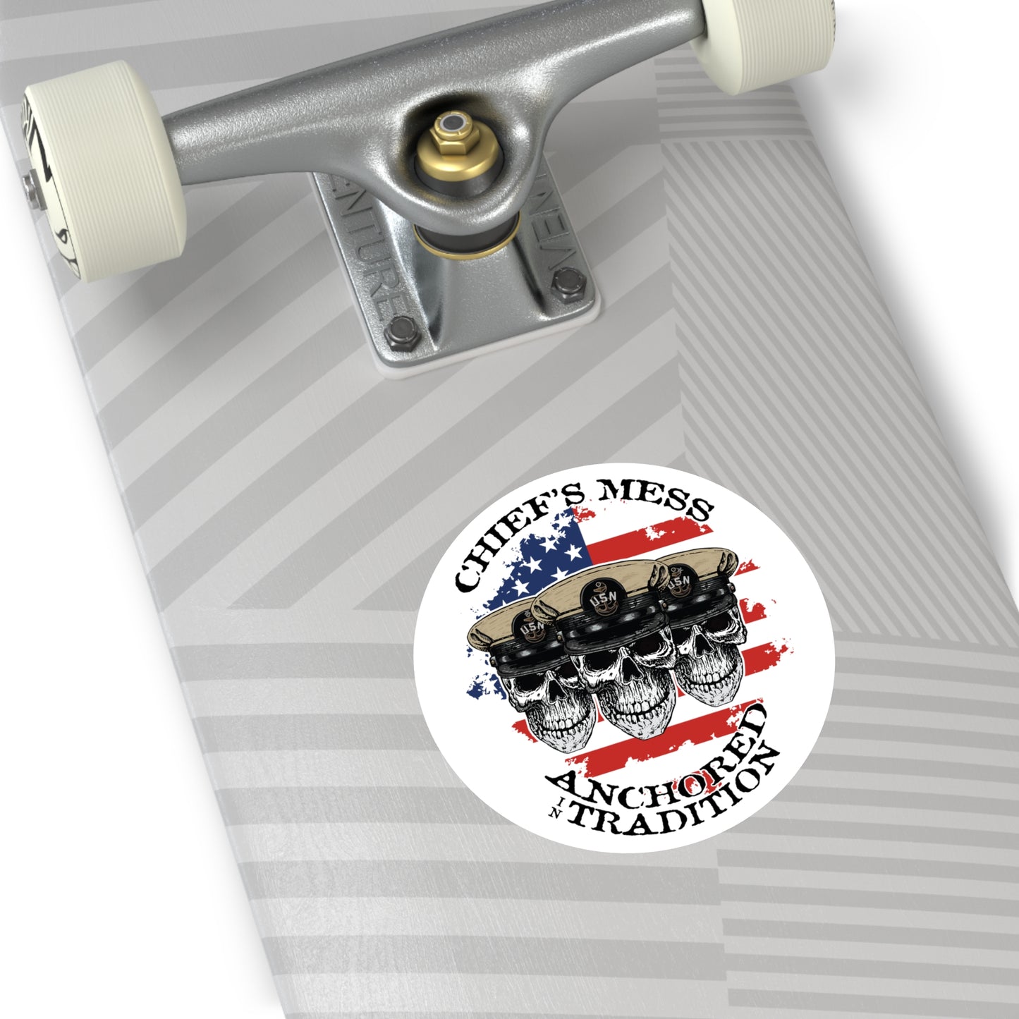 Chief's Mess Anchored Tradition CPO Sailor Skulls on Distressed USA Flag Round Stickers
