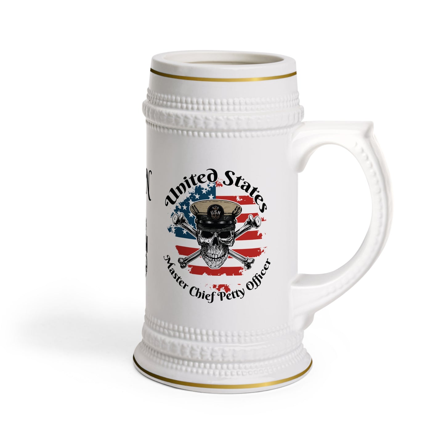 United States Navy Master Chief Petty Officer Skull & Crossbones on American Flag Stein Mug