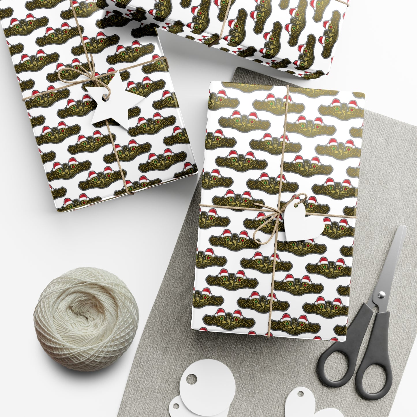 United States Navy Submarine Force Gold Officer Dolphins Christmas Hats with Red and Green Eyes White Gift Wrap Papers