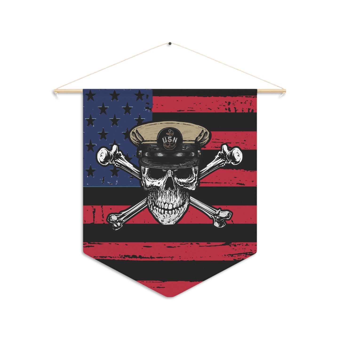 United States Chief Petty Officer Skull & Crossbones on Distressed Blackout USA Flag Pennant