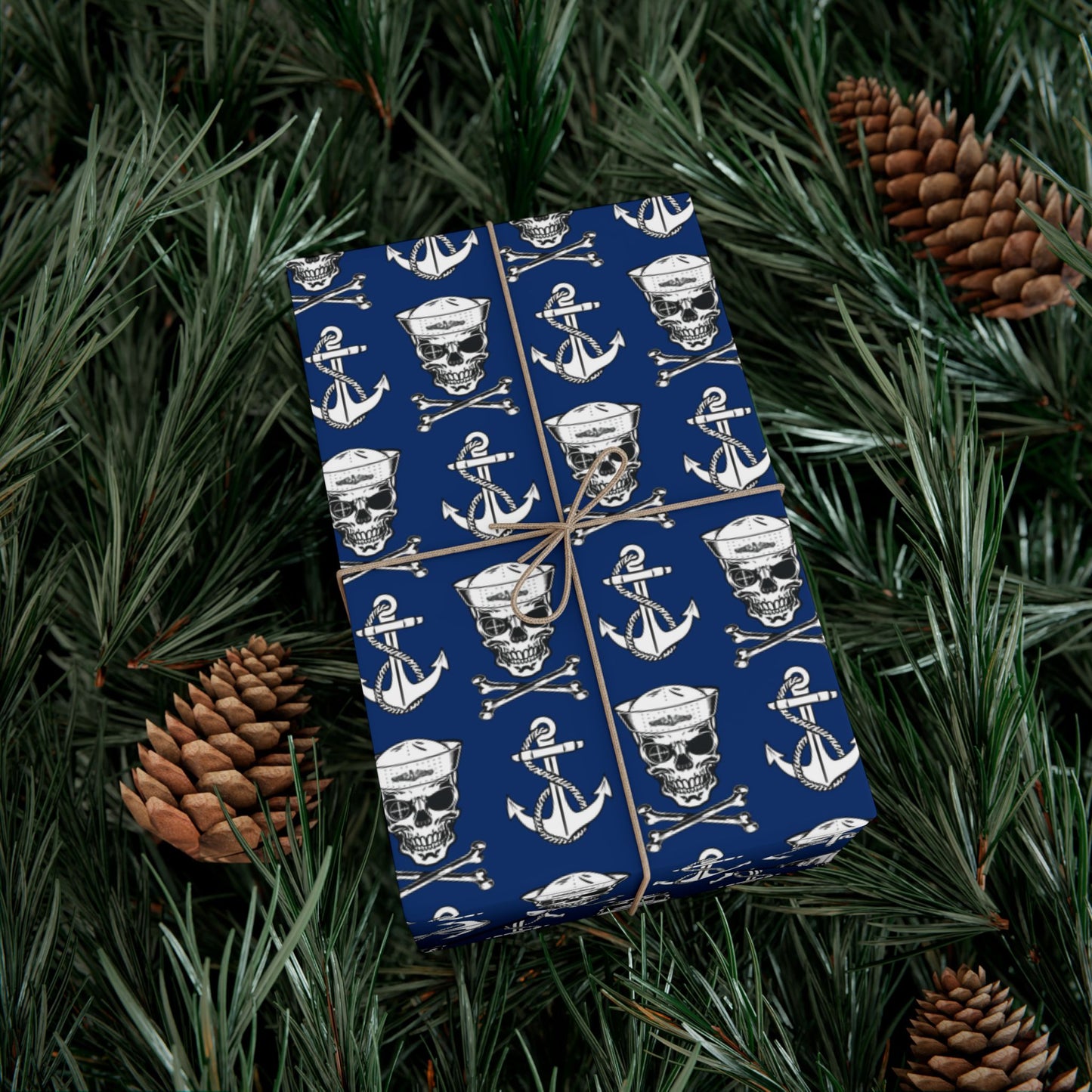 US Navy Submarine Force Sailor Skull Crossbones Wearing Dolphins with Anchors Blue Gift Wrap Papers