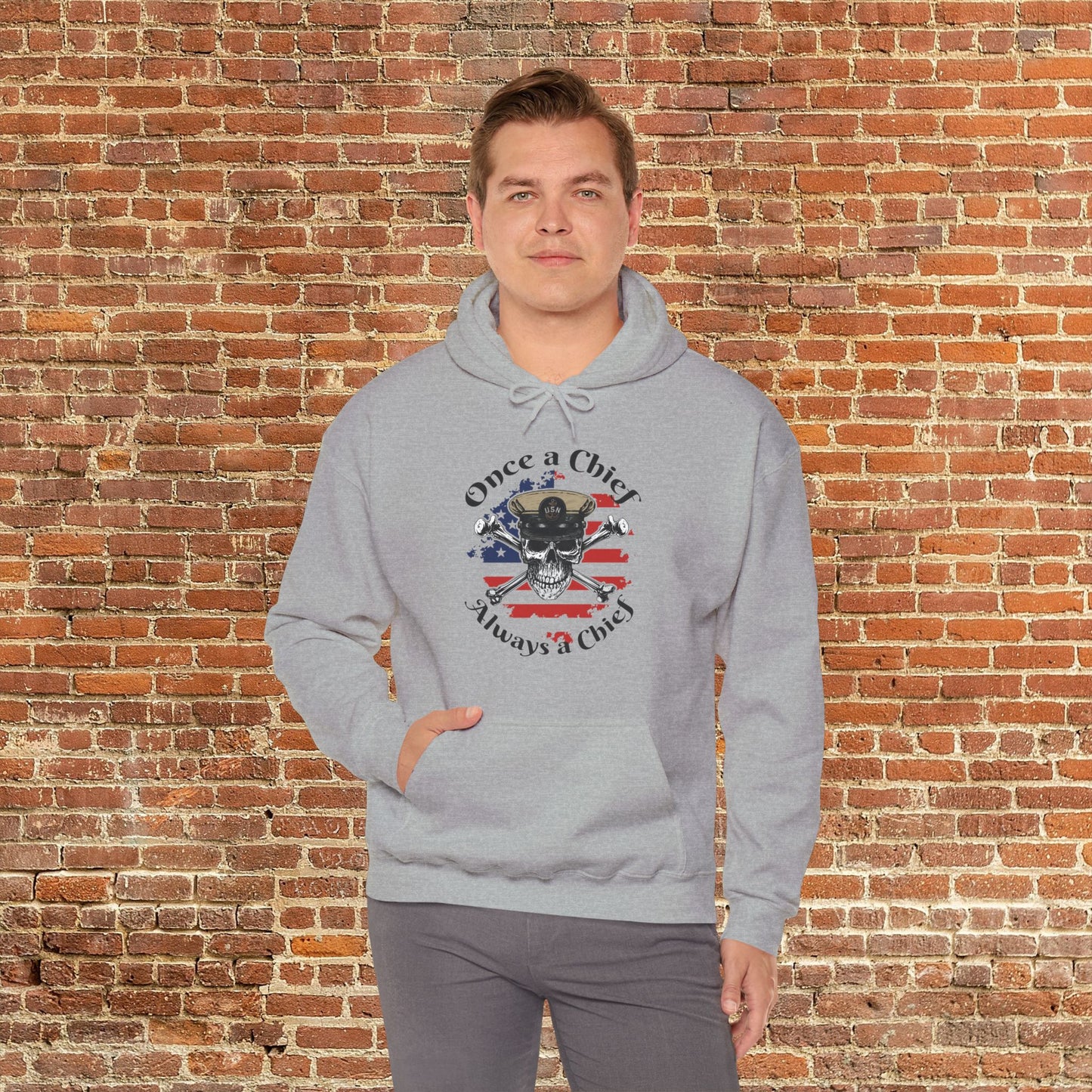 Once a Chief CPO Skull & Crossbones Sailor on Distressed USA Flag Unisex Heavy Blend™ Hooded Sweatshirt