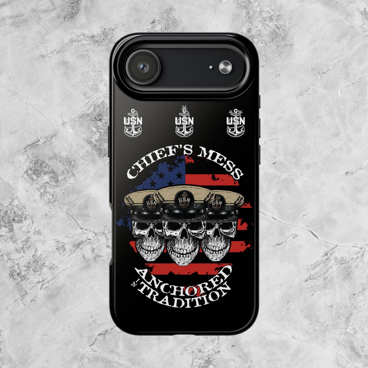Chief's Mess Anchored Tradition CPO Sailor Skulls on Distressed USA Flag Black Tough iPhone Case