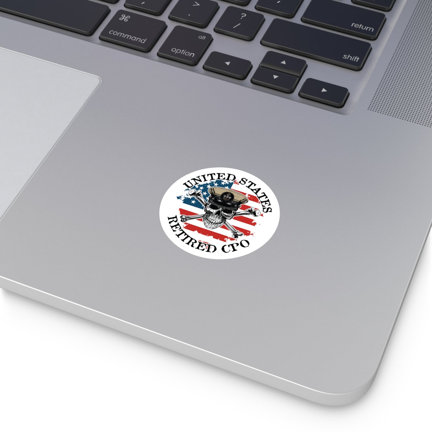 U.S. Retired CPO Skull Crossbones Chief Petty Officer with Distressed American Flag Round Sticker