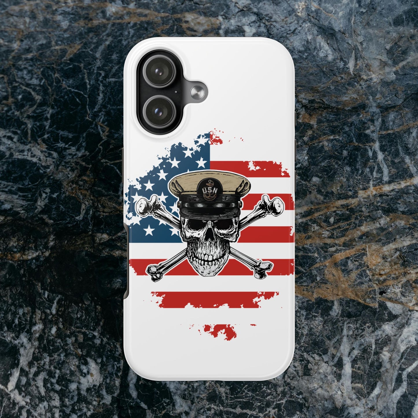 Naval Chief Skull & Crossbones on American Flag White Tough iPhone Case