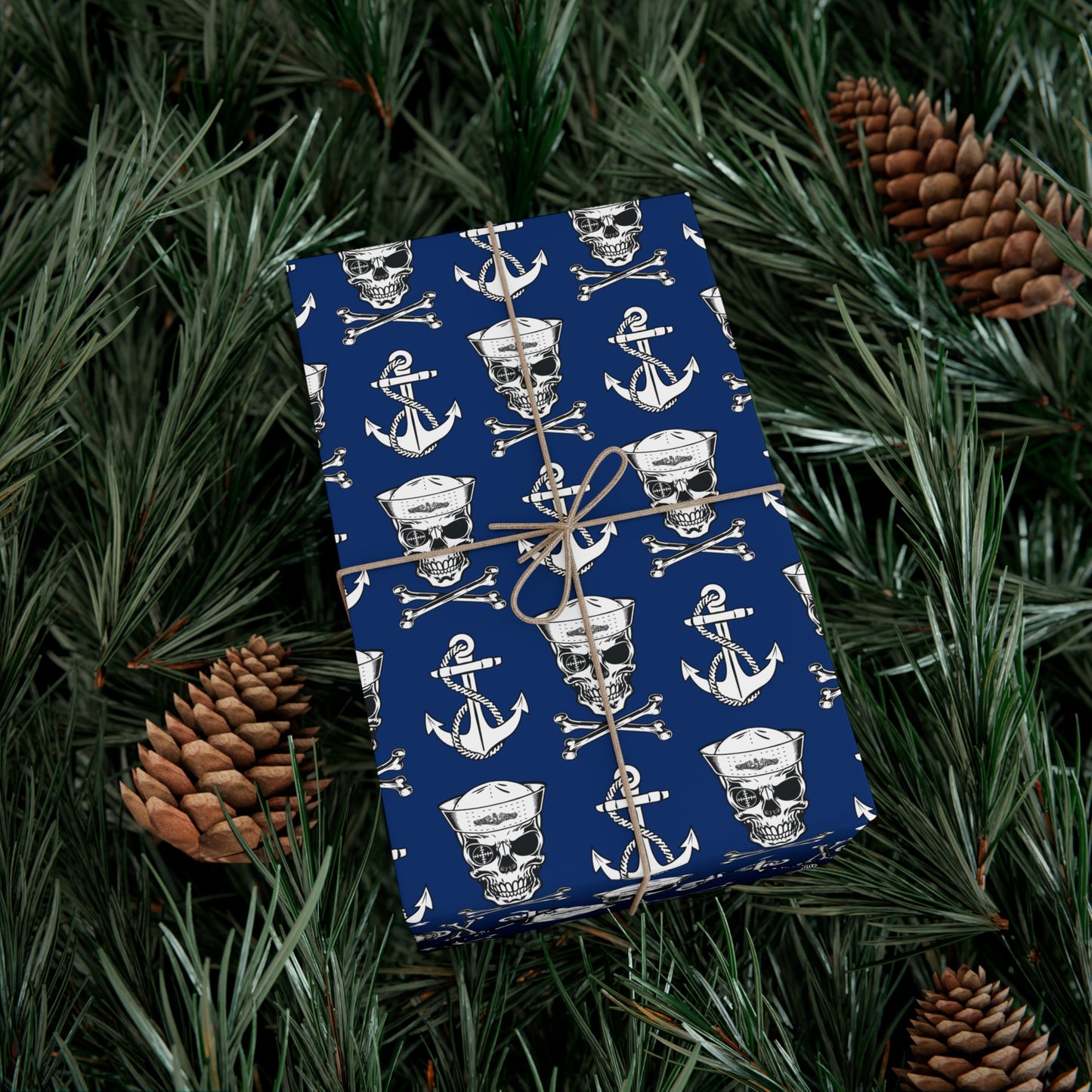 US Navy Submarine Force Sailor Skull Crossbones Wearing Dolphins with Anchors Blue Gift Wrap Papers