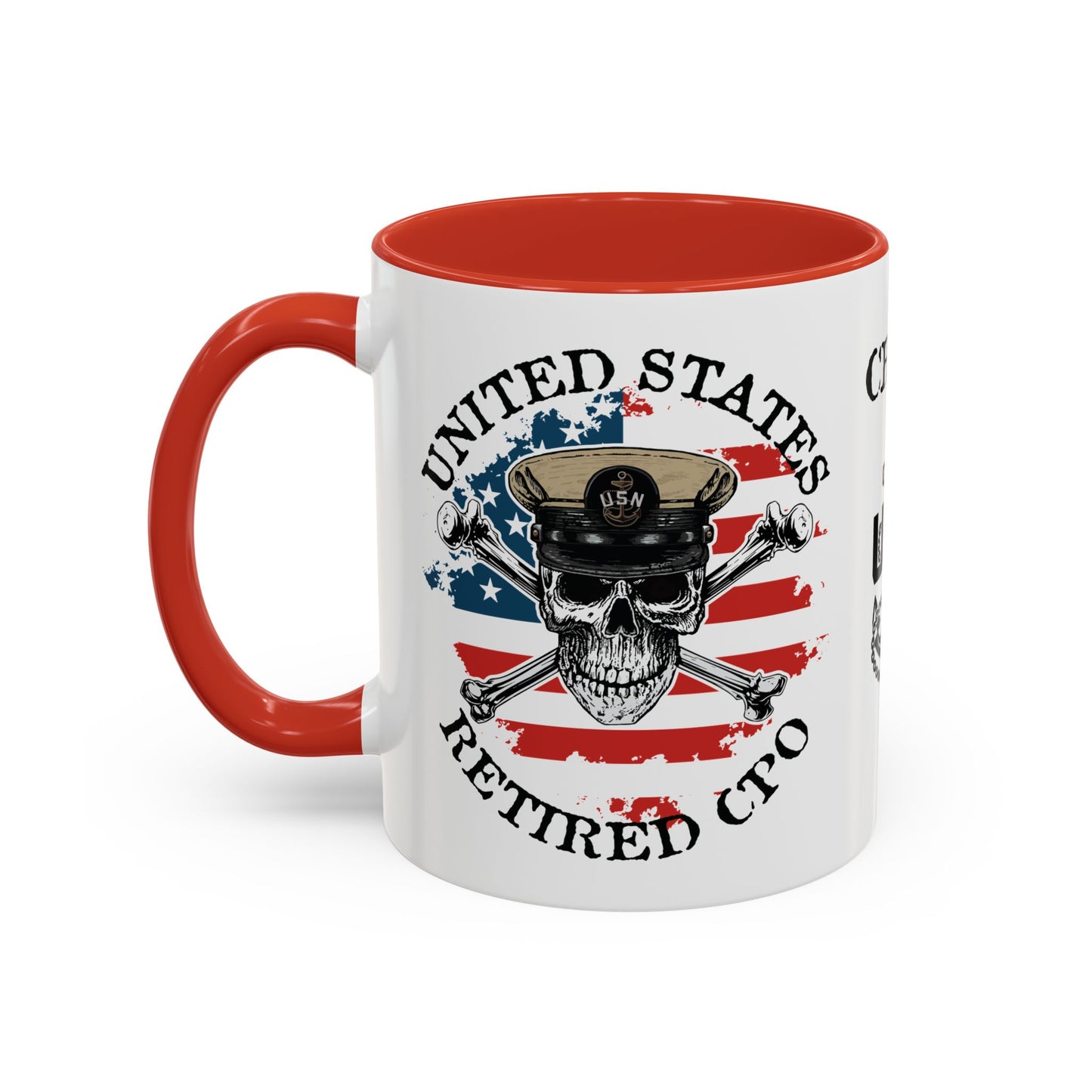 United States Navy Retired CPO Skull Crossbones Chief Petty Officer Anchor with Distressed USA Flag Accent Coffee Mugs