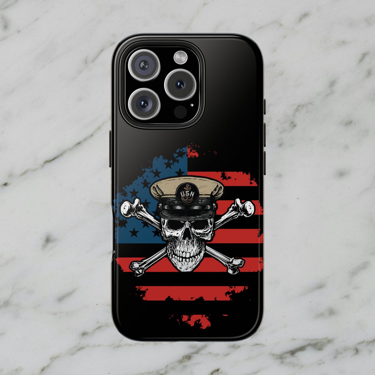 Naval Chief Skull & Crossbones on American Flag Black Tough iPhone Case
