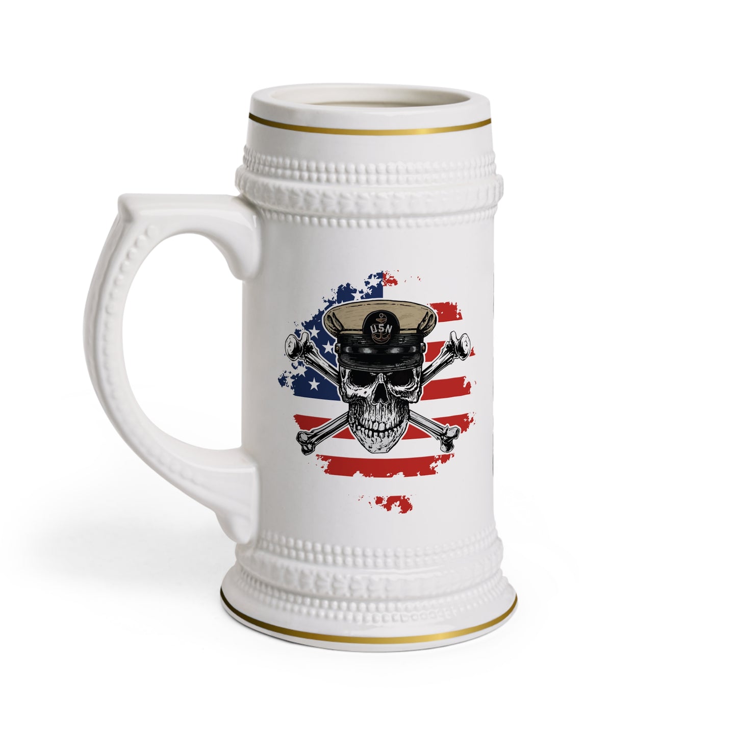 US Navy Chief Skull & Crossbones on American Flag Stein Mug