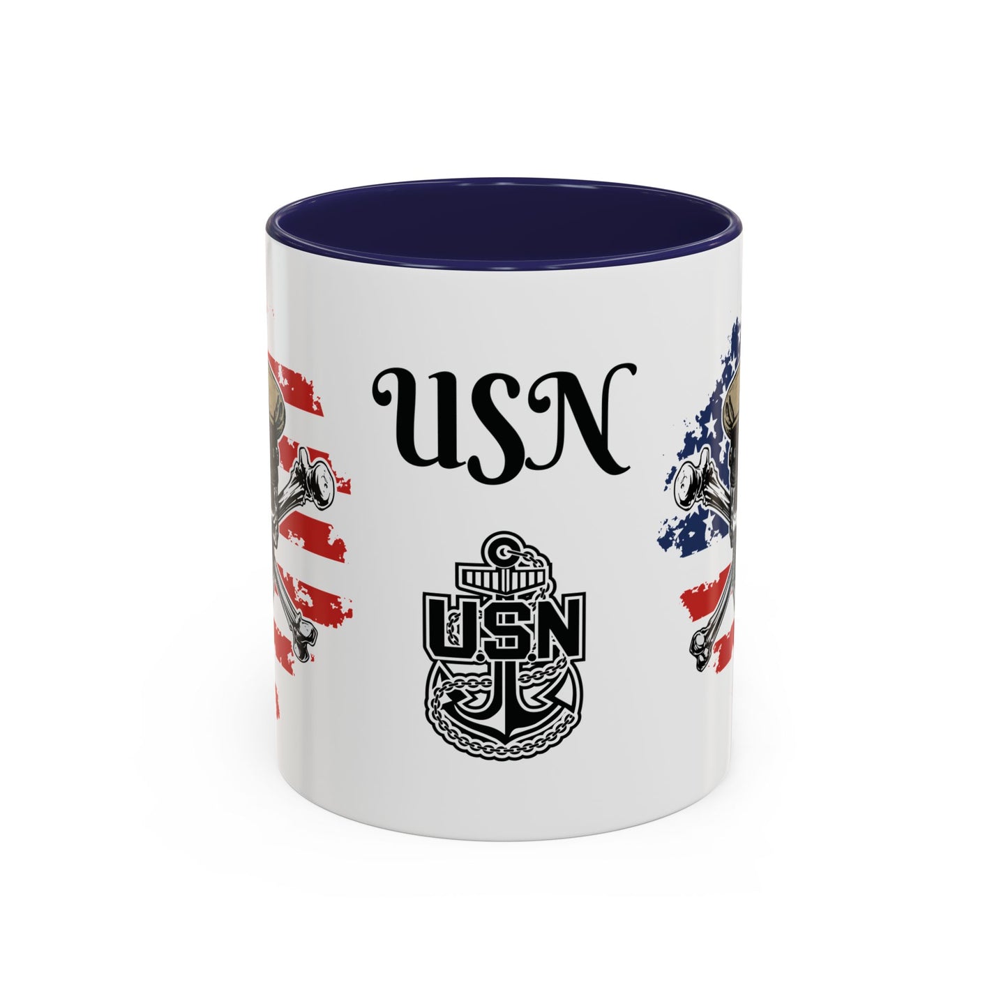 US Navy Chief Skull & Crossbones on American Flag CPO Anchor Accent Coffee Mugs