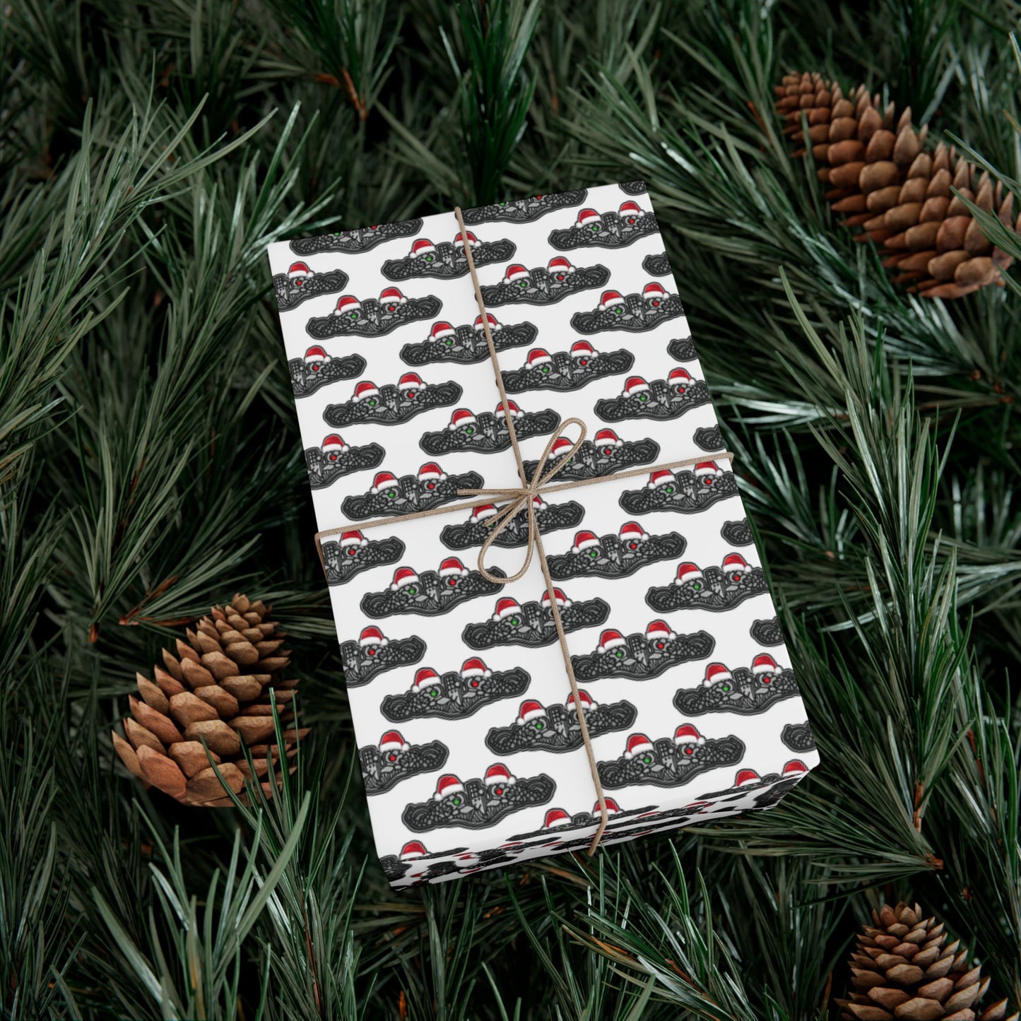 United States Navy Submarine Force Silver Enlisted Dolphins Christmas Hats with Red and Green Eyes White Gift Wrap Papers