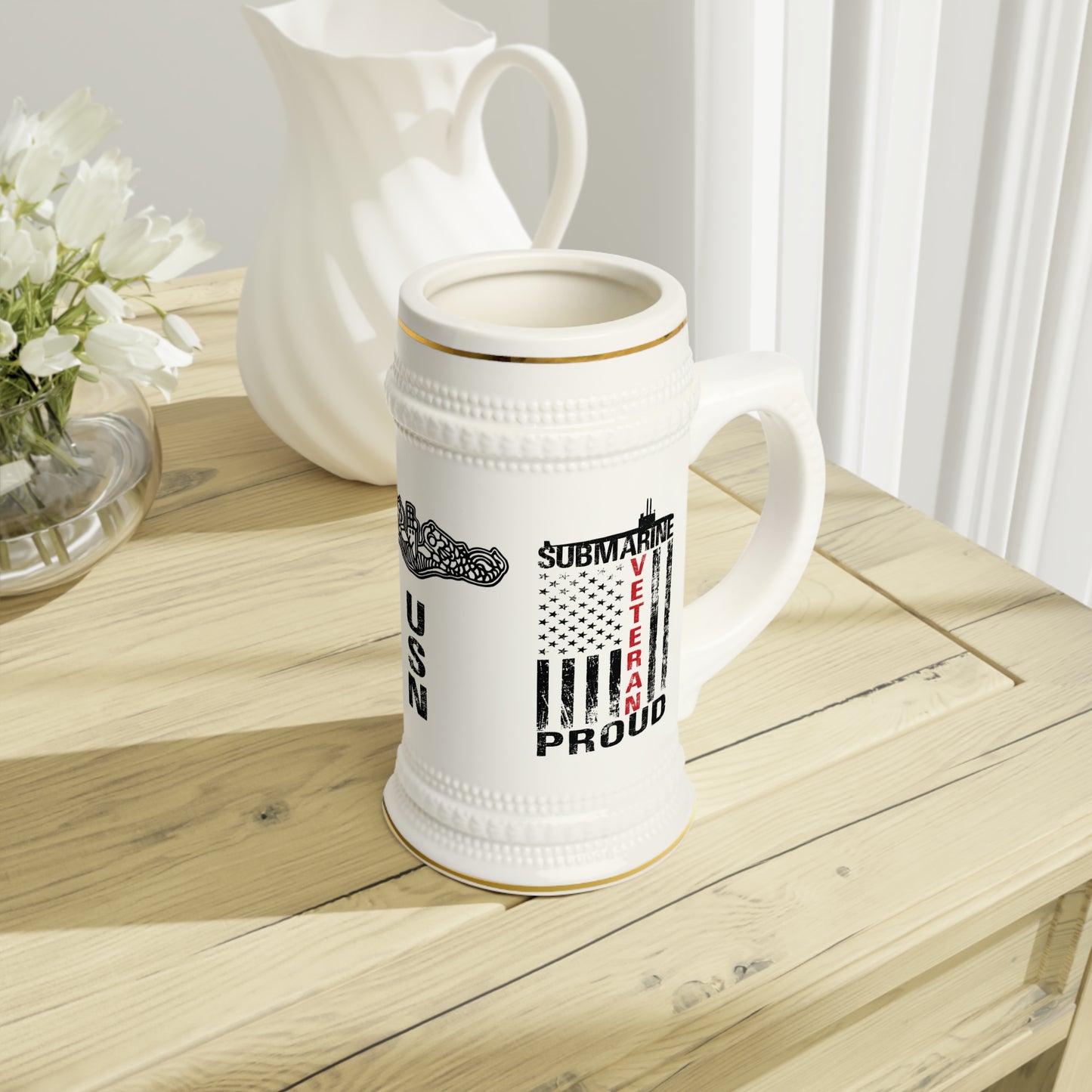 US Navy Submarine Veteran Proud Silent Service USA Distressed Black Flag Stein Mug