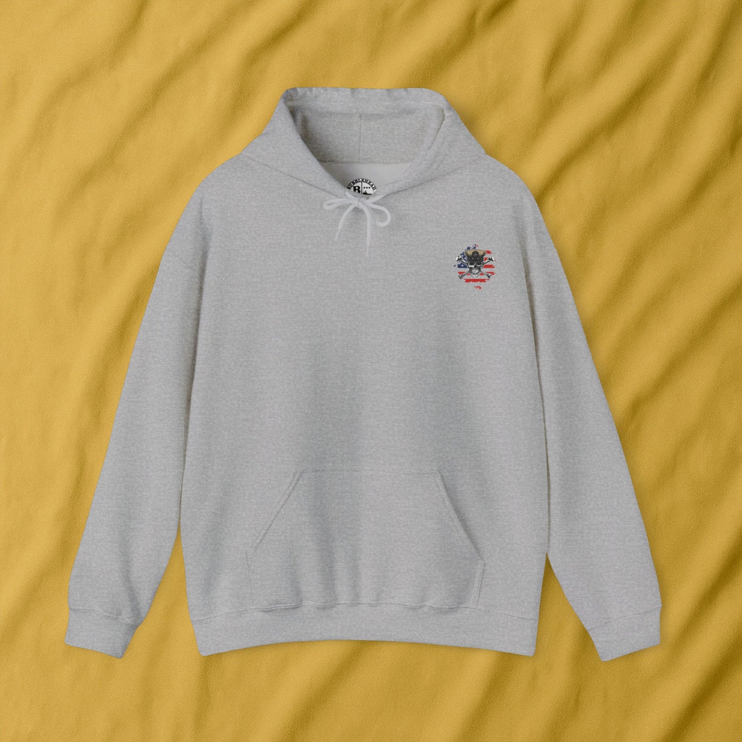 United States Retired CPO Skull Crossbones Chief Petty Officer on Distressed American Flag Mini Front Unisex Heavy Blend™ Hooded Sweatshirt