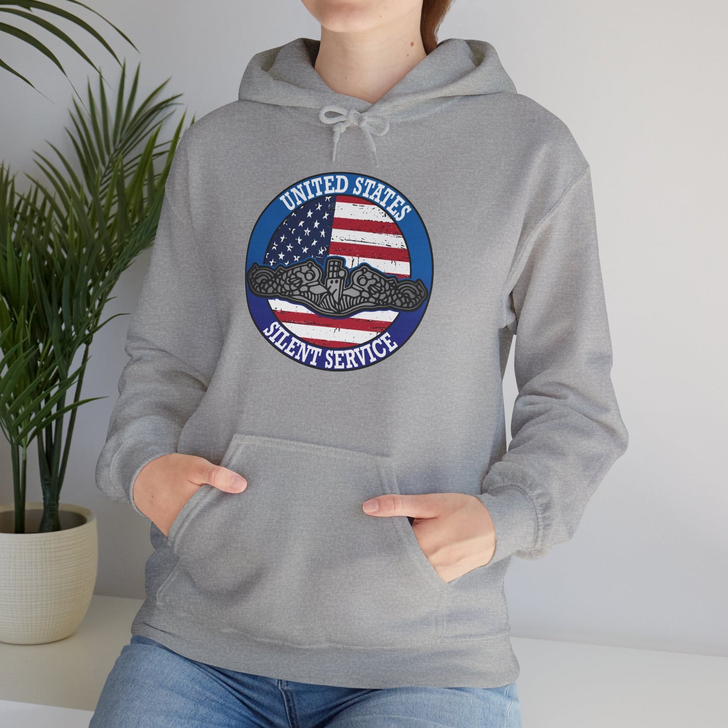 United States Silent Service Submarine Dolphins on Distressed American Flag Unisex Heavy Blend™ Hooded Sweatshirt