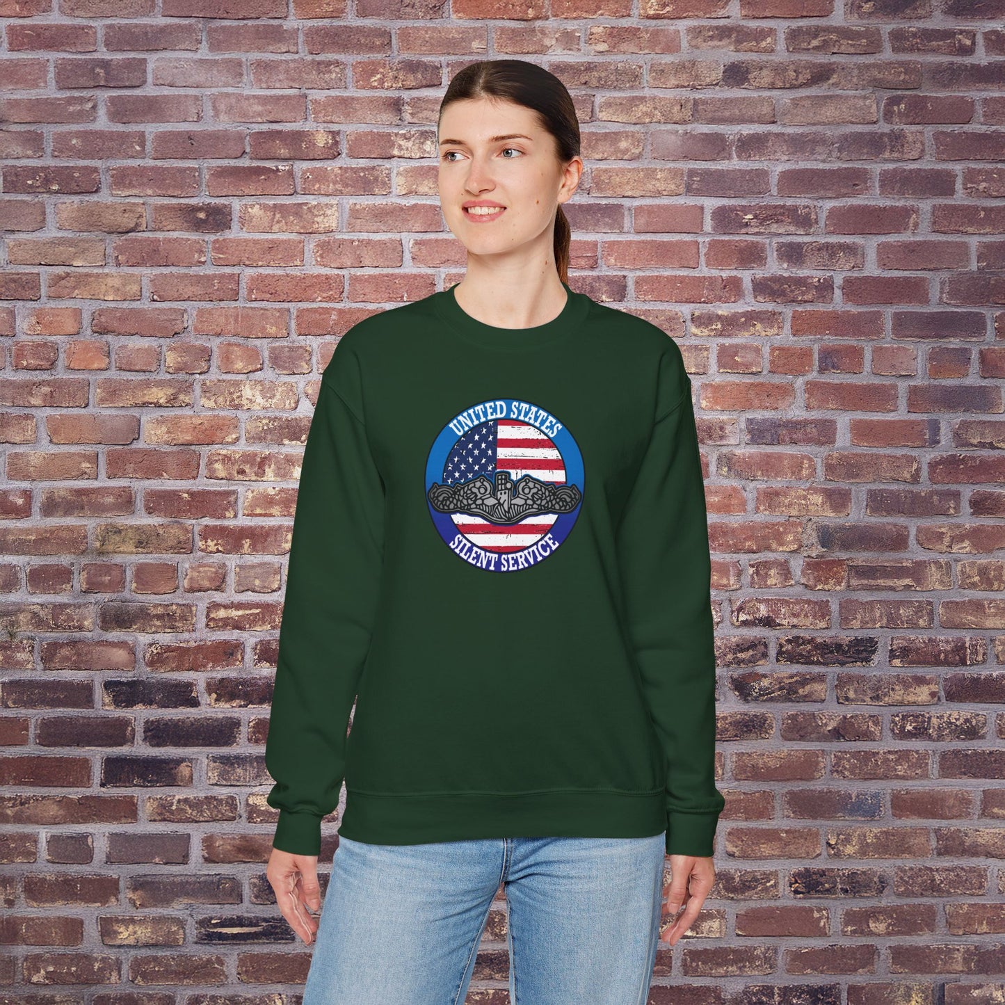 United States Silent Service Submarine Force Silver Dolphins on Distressed American Flag Unisex Heavy Blend™ Crewneck Sweatshirt