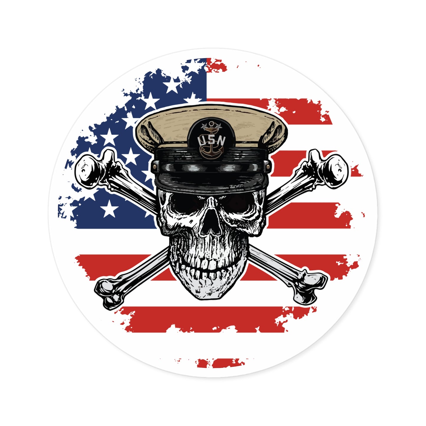 Naval Master Chief MCPO Skull & Crossbones on American Flag Round Sticker