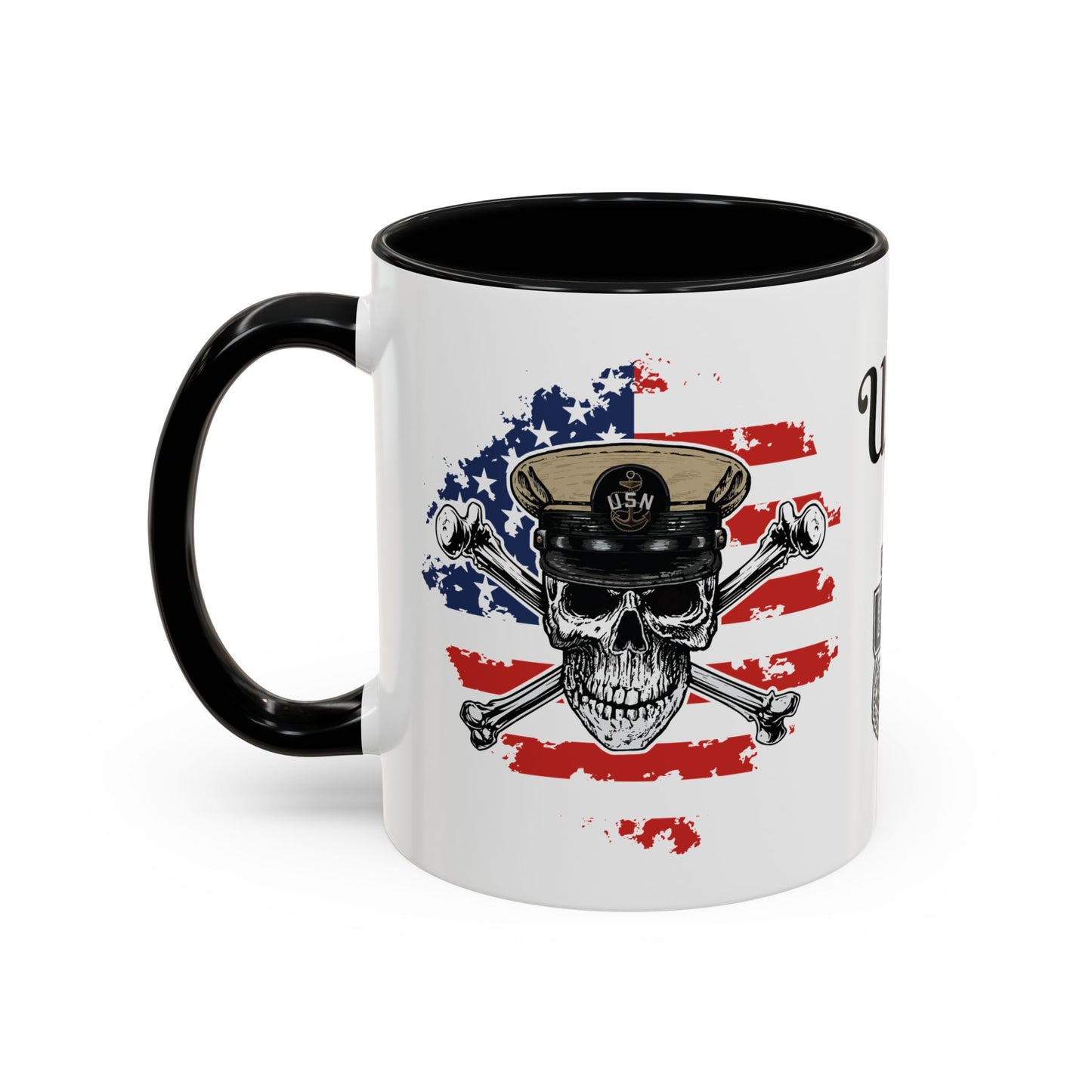 US Navy Chief Skull & Crossbones on American Flag CPO Anchor Accent Coffee Mugs