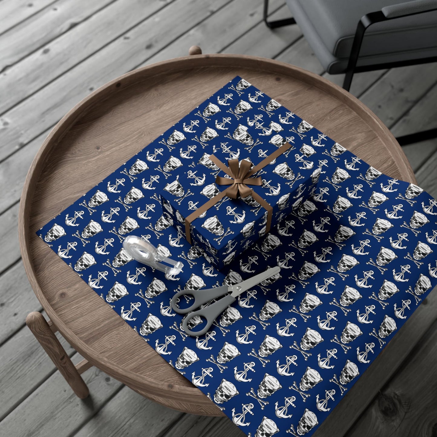 US Navy Submarine Force Sailor Skull Crossbones Wearing Dolphins with Anchors Blue Gift Wrap Papers