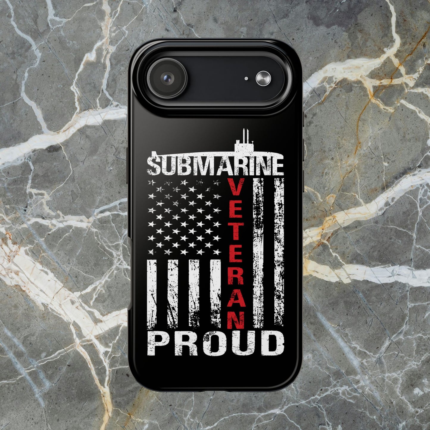 U.S. Submarine Veteran Proud Distressed White USA Flag Black Tough iPhone Case
