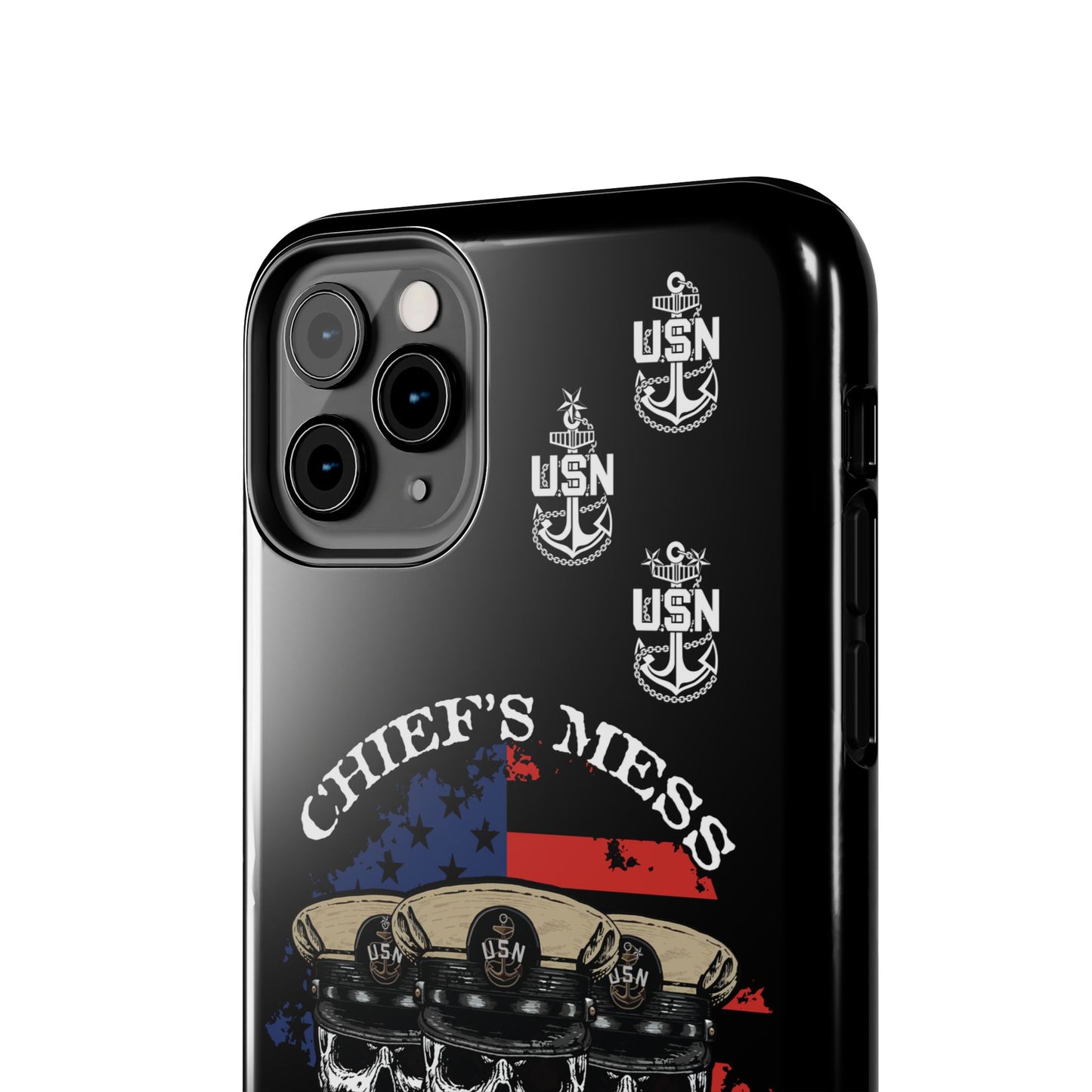 Chief's Mess Anchored Tradition CPO Sailor Skulls on Distressed USA Flag Black Tough iPhone Case