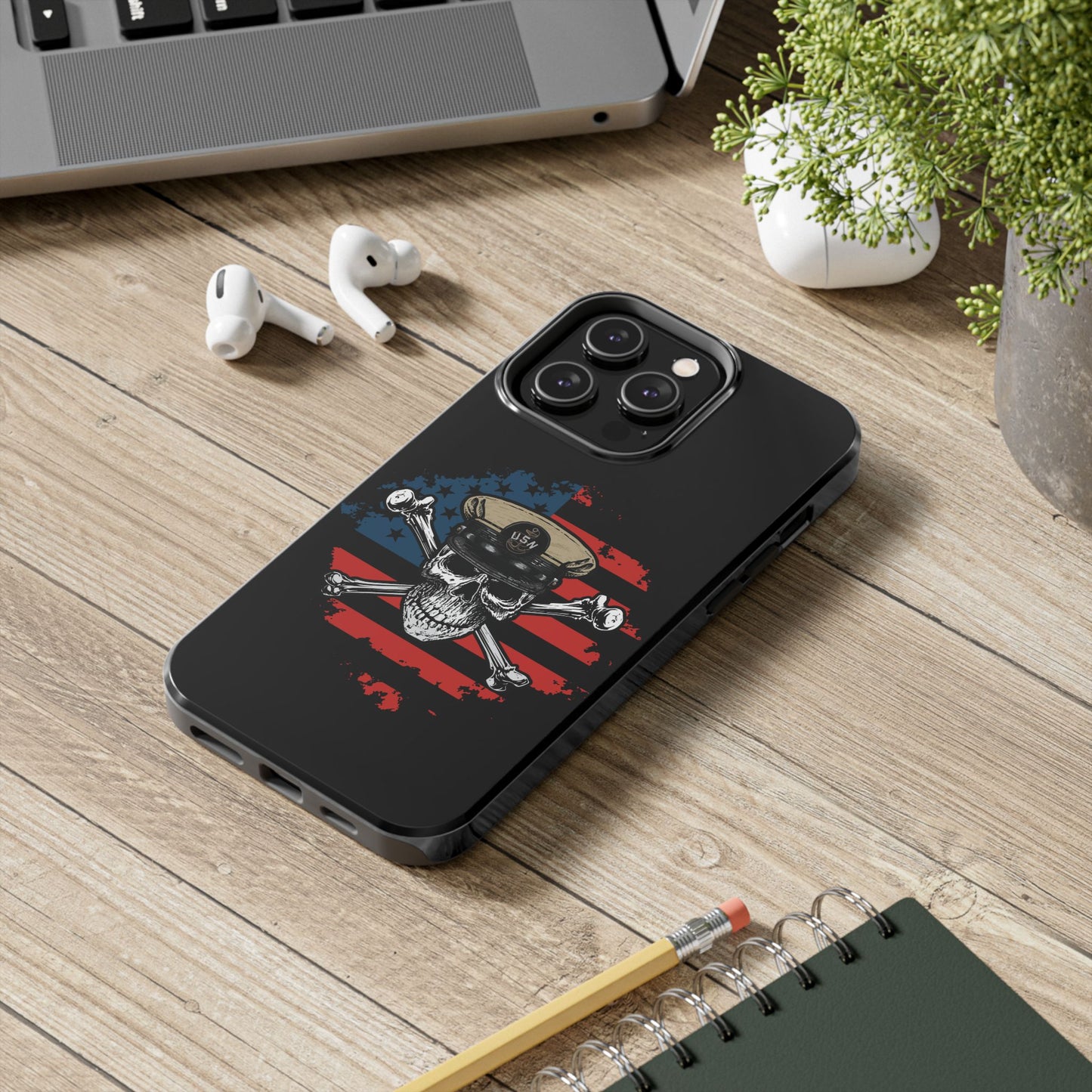 Naval Chief Skull & Crossbones on American Flag Black Tough iPhone Case