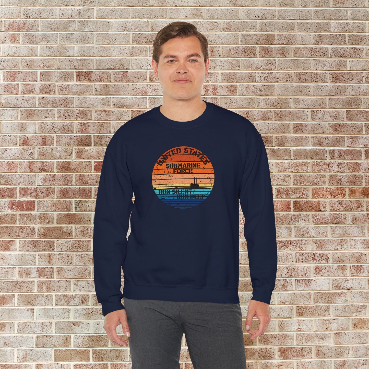 Sunset United States Navy Submarine Force Run Silent Deep Distressed Vintage Unisex Heavy Blend™ Crewneck Sweatshirt