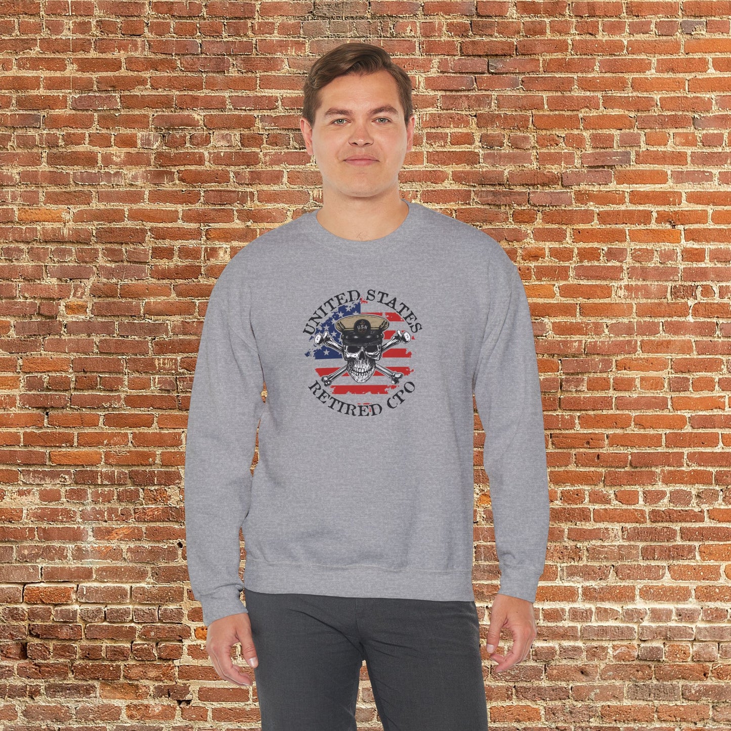 United States Retired CPO Skull Crossbones Chief Sailor on Distressed American Unisex Heavy Blend™ Crewneck Sweatshirt