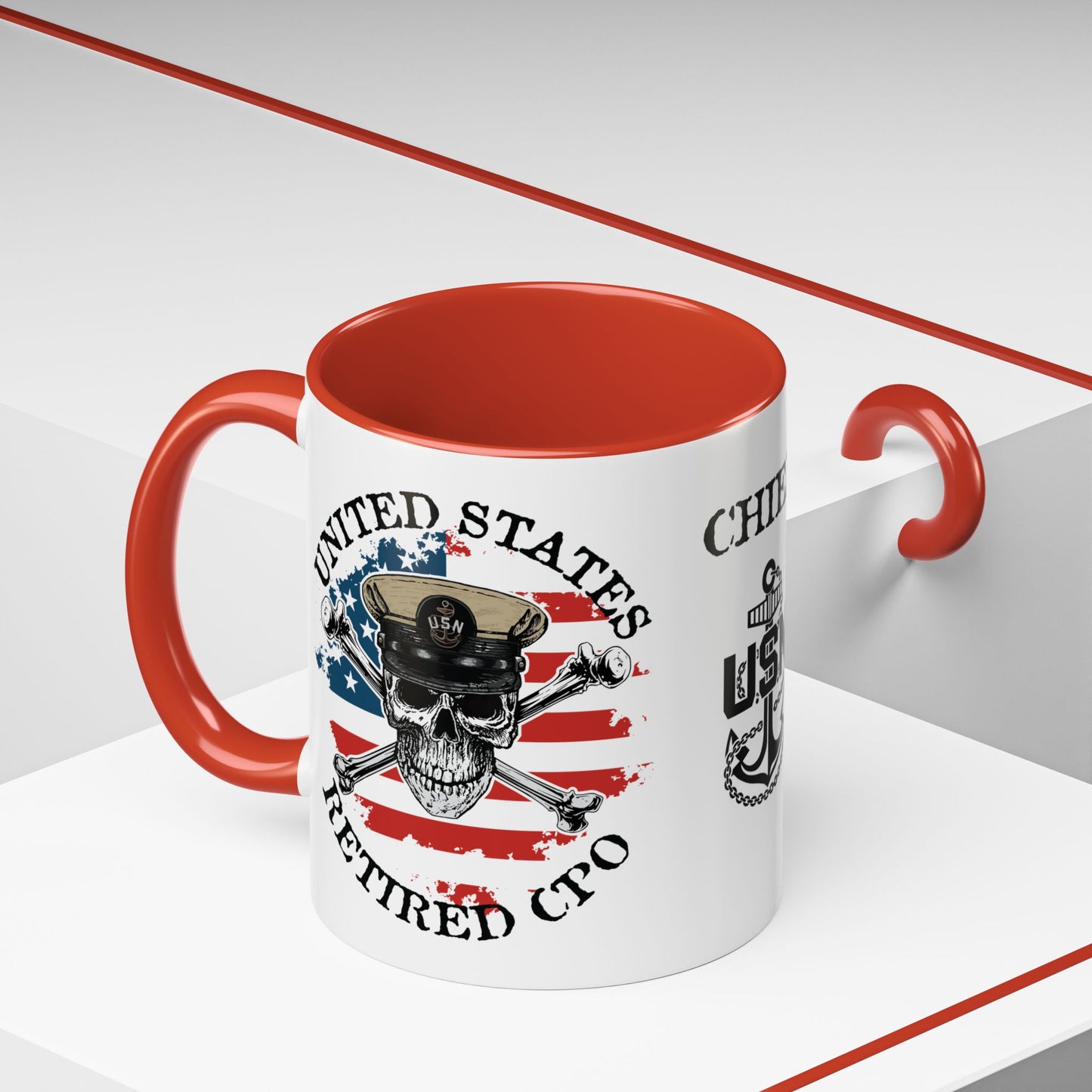 United States Navy Retired CPO Skull Crossbones Chief Petty Officer Anchor with Distressed USA Flag Accent Coffee Mugs