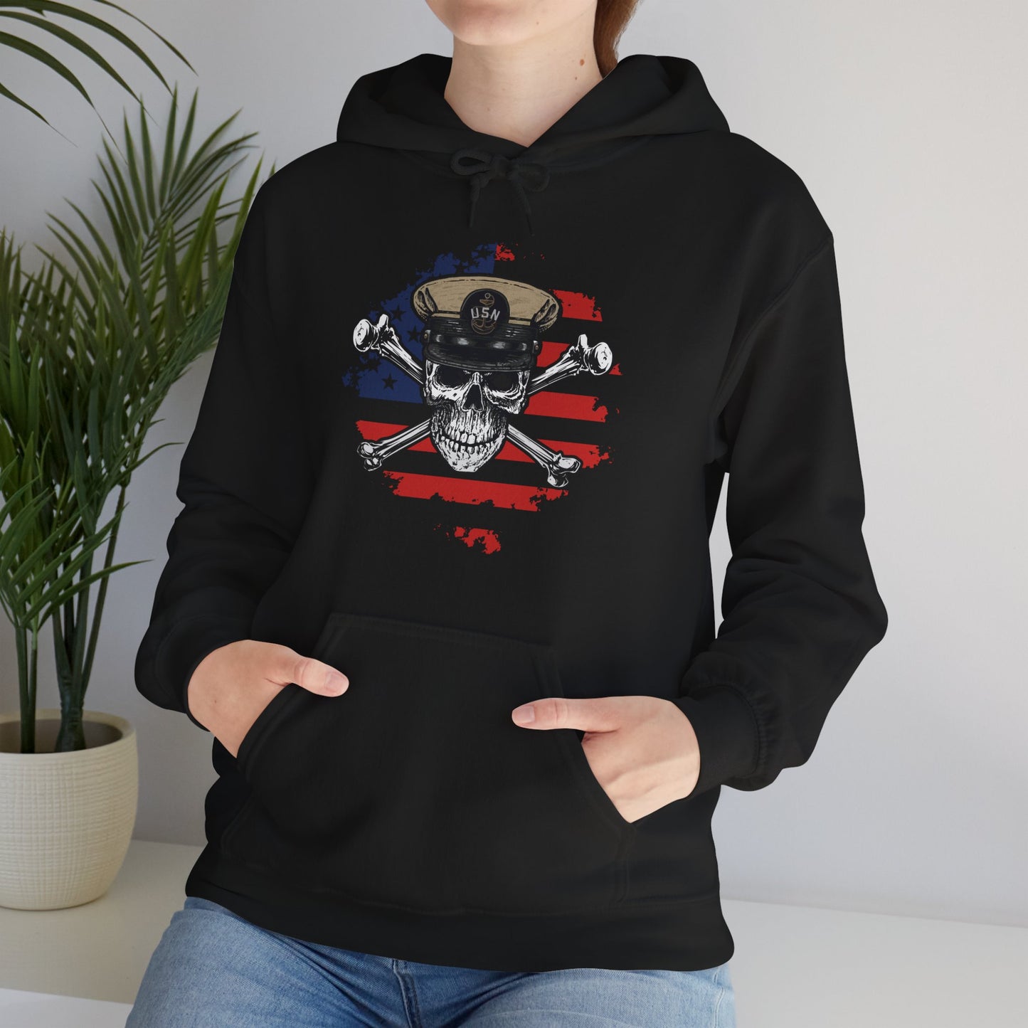 Navy Chief Skull & Crossbones on Distressed American Flag Unisex Heavy Blend™ Hooded Sweatshirt