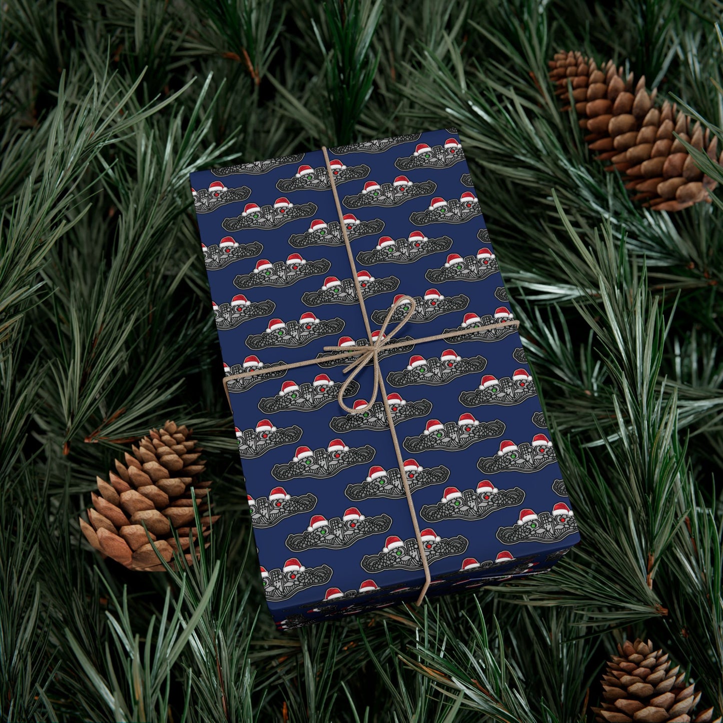 United States Navy Submarine Force Silver Enlisted Dolphins Christmas Hats with Red and Green Eyes Blue Gift Wrap Papers