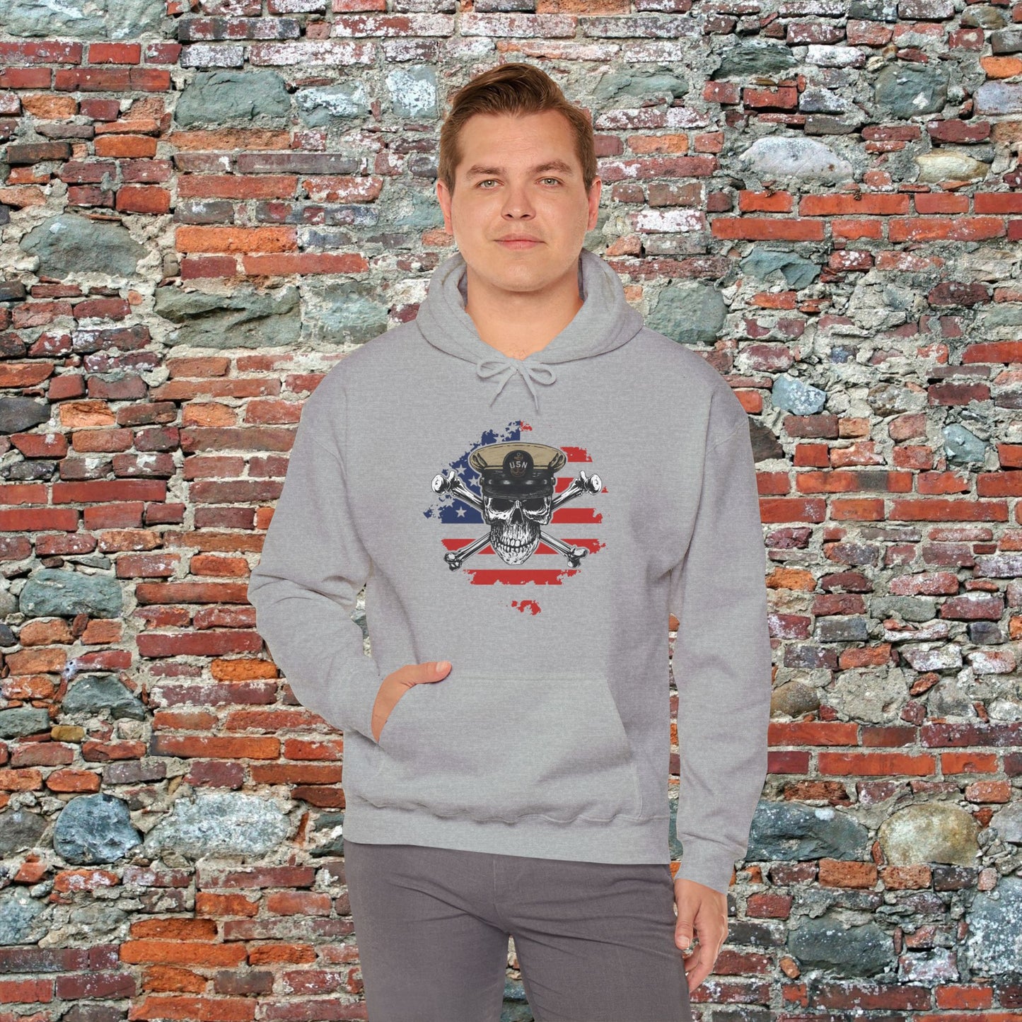 Navy Chief Skull & Crossbones on Distressed American Flag Unisex Heavy Blend™ Hooded Sweatshirt