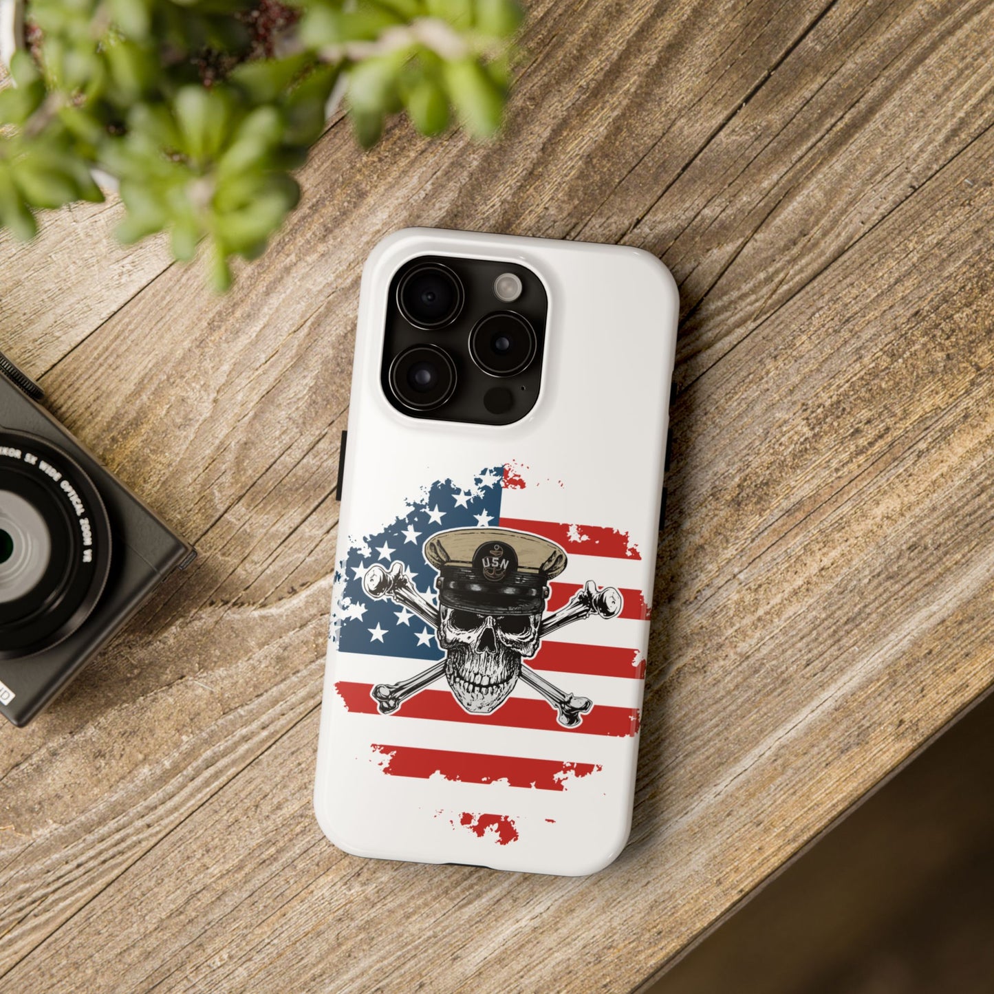 Naval Chief Skull & Crossbones on American Flag White Tough iPhone Case