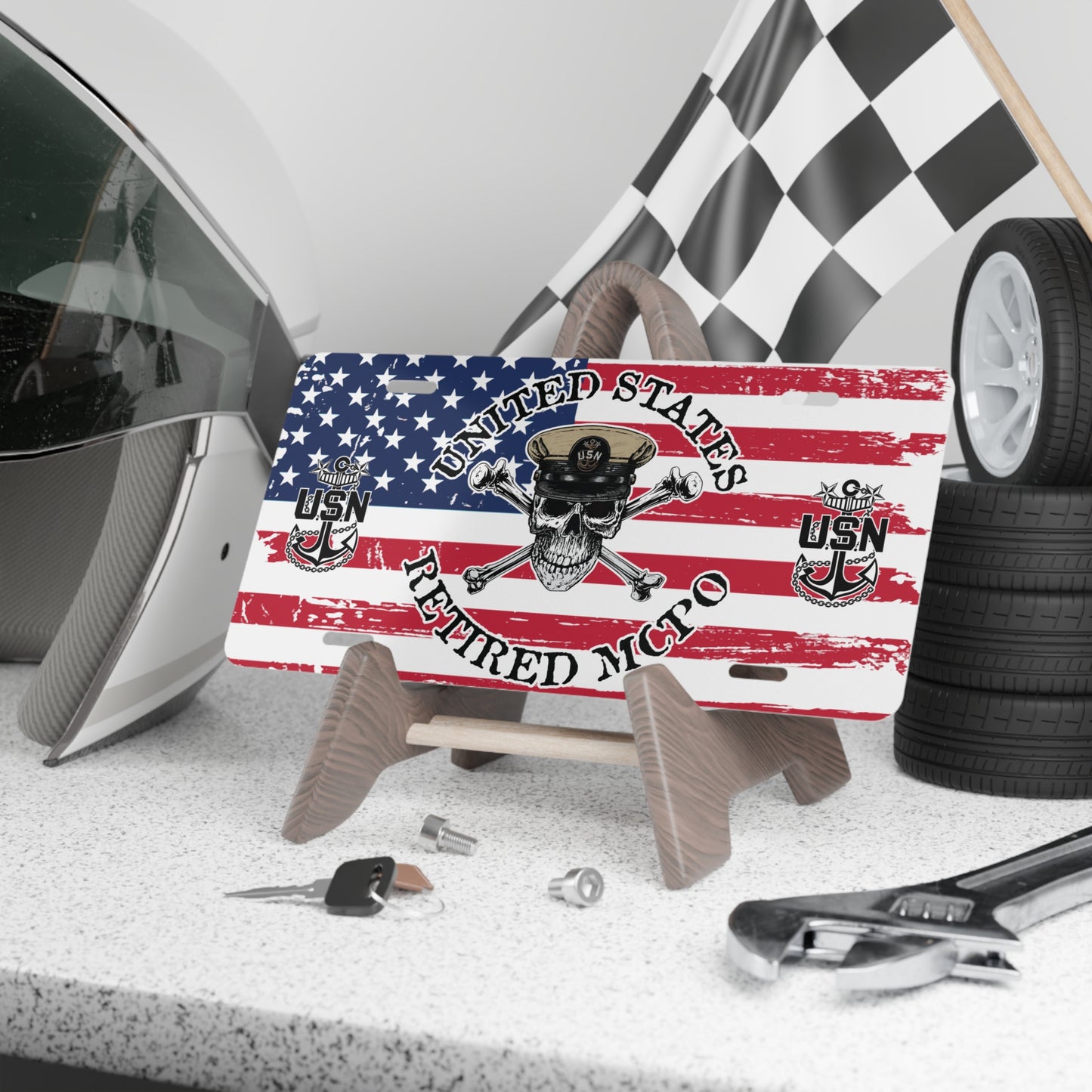 United States Navy Retired MCPO Skull Crossbones on Distressed USA Flag Vanity License Plate