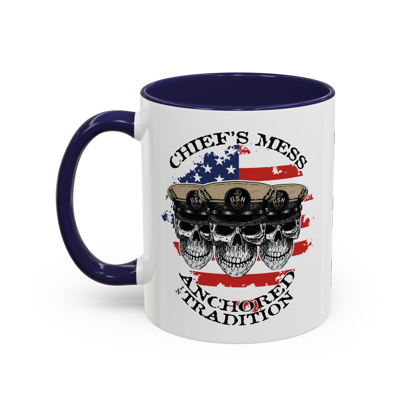 US Navy Chief's Mess Anchored Tradition CPO Sailor Skulls with Distressed USA Flag Accent Coffee Mugs