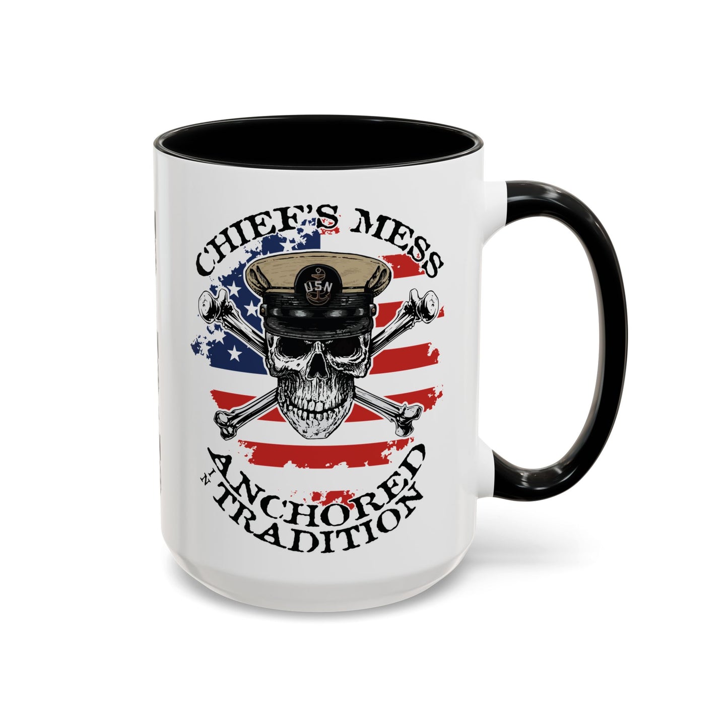 US Navy Chief's Mess Anchored Tradition CPO Sailor Skull with Distressed USA Flag Accent Coffee Mugs