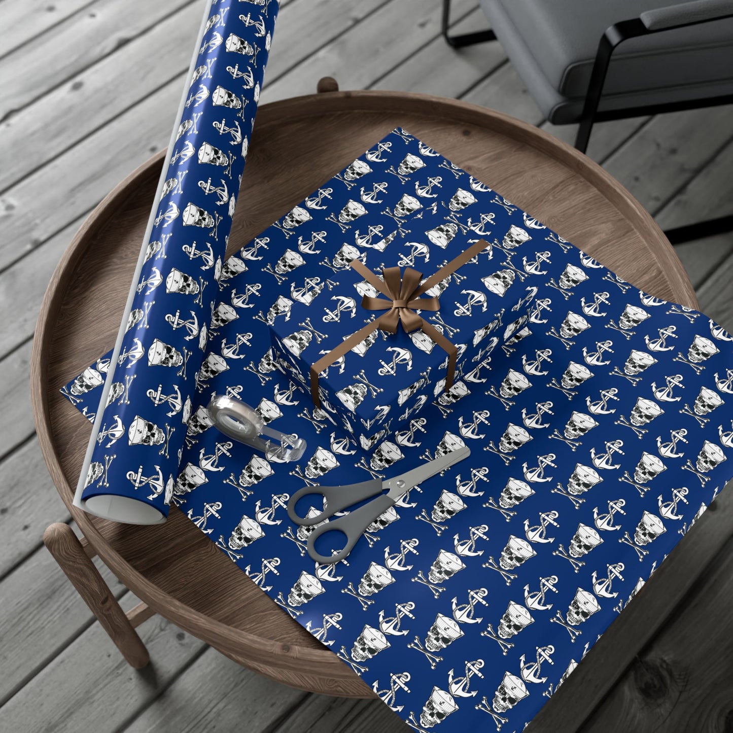 US Navy Sailor Skull Crossbones and Anchors Blue Gift Wrap Papers