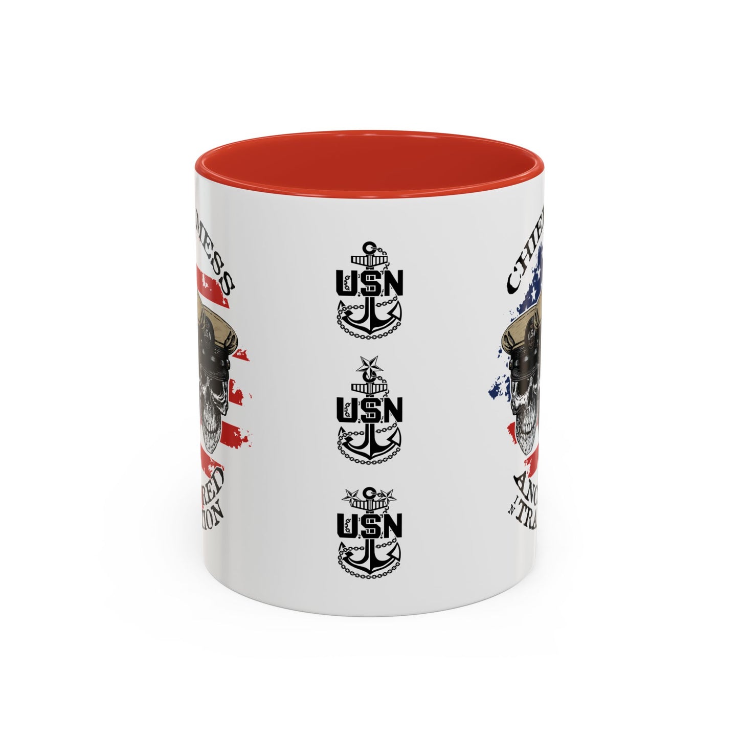 US Navy Chief's Mess Anchored Tradition CPO Sailor Skulls with Distressed USA Flag Accent Coffee Mugs