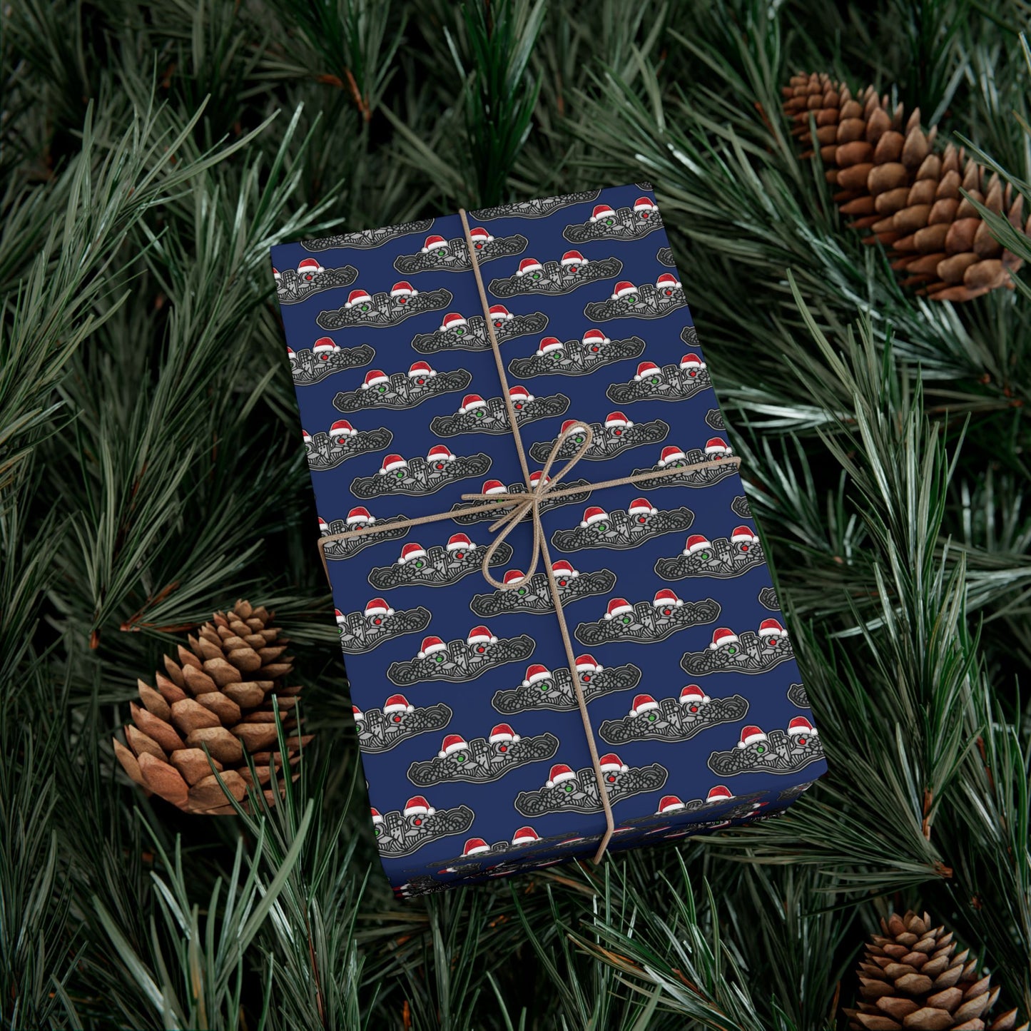 United States Navy Submarine Force Silver Enlisted Dolphins Christmas Hats with Red and Green Eyes Blue Gift Wrap Papers