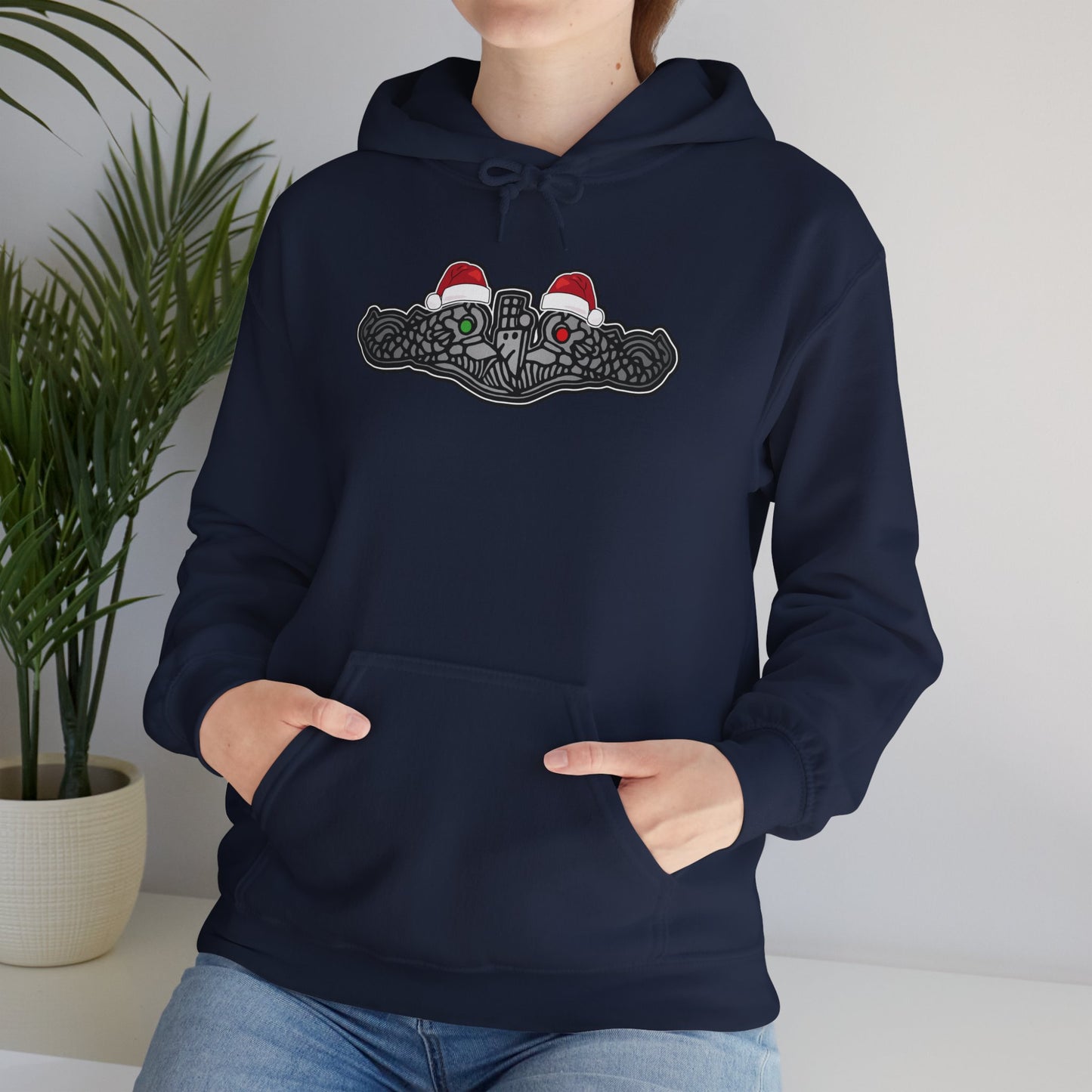 United States Submarine Force Silver Dolphins Christmas Hats with Red and Green Eyes Unisex Heavy Blend™ Hooded Sweatshirt